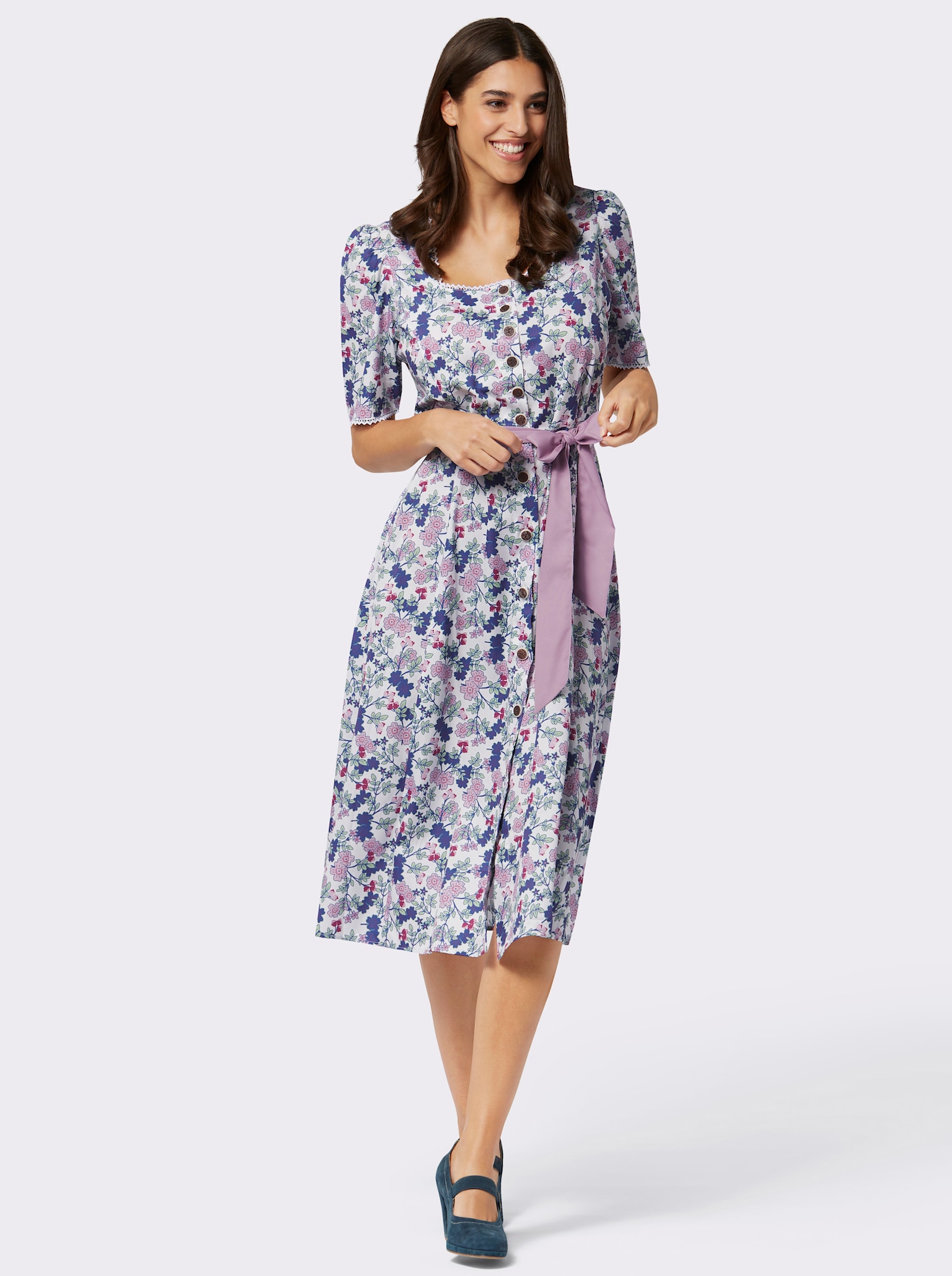 Trachtenkleid mit Karree-Ausschnitt - rosé-jeansblau-bedruckt