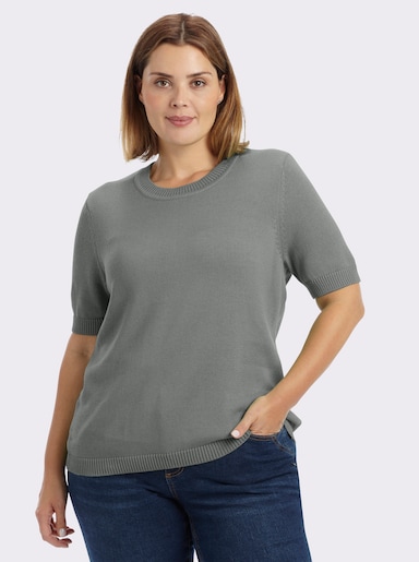 Kurzarmpullover mit Rippabschlüssen - grau-meliert