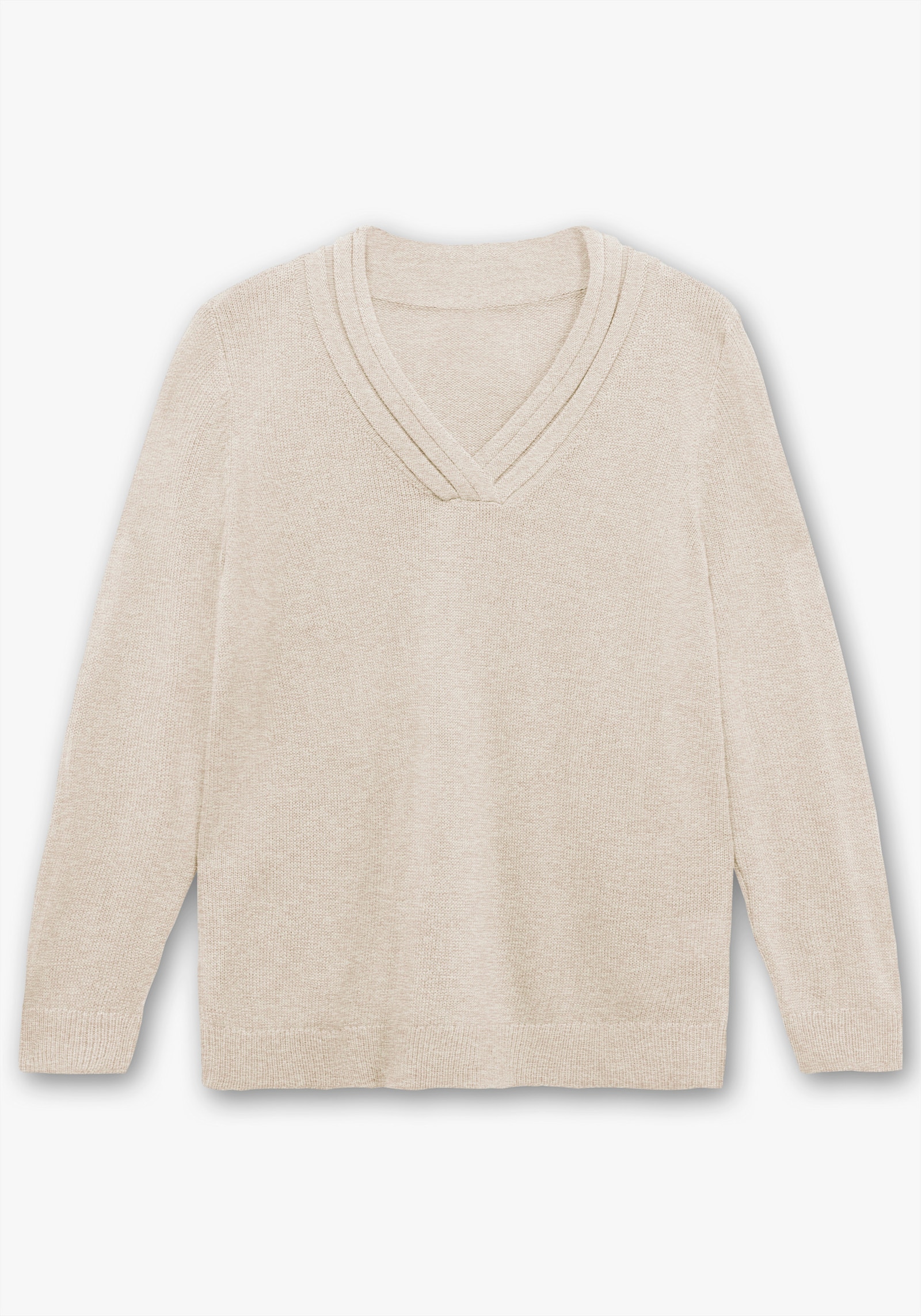V-Ausschnitt-Pullover mit Rollkante - beige-meliert