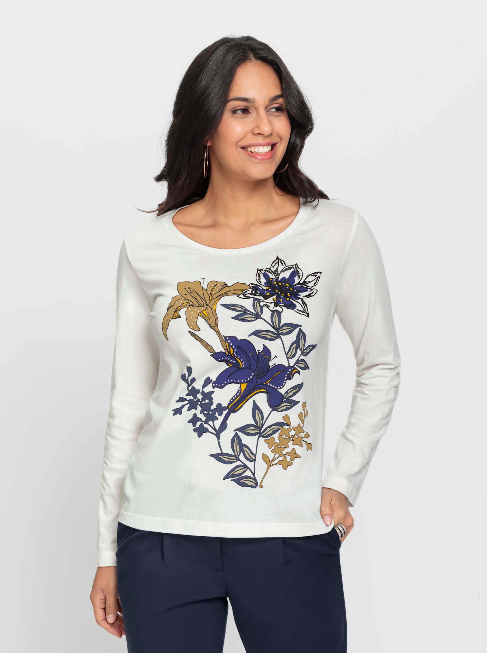 Shirt met lange mouwen en glittersteentjes - ecru/koningsblauw bedrukt