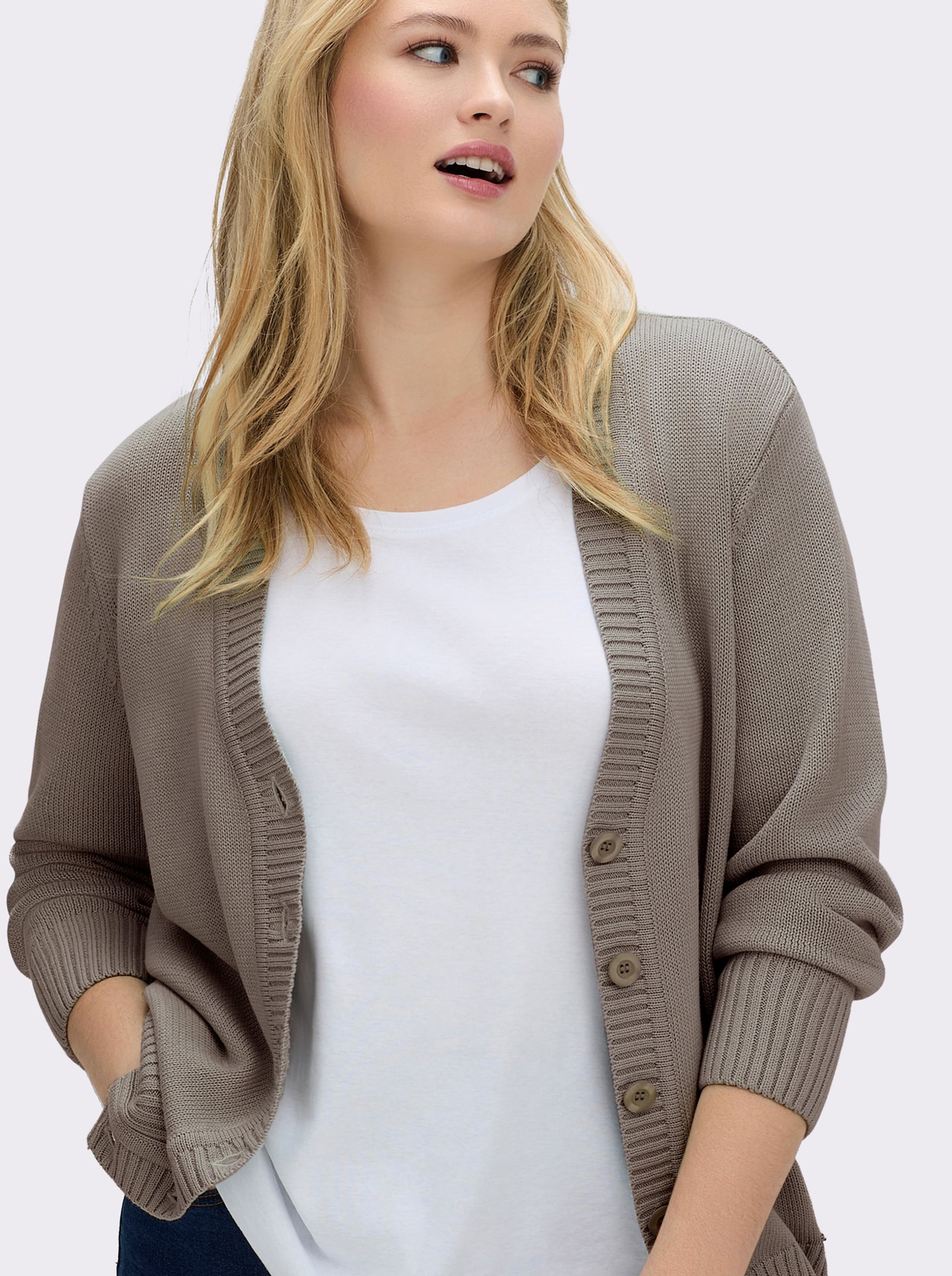 Strickjacke mit farblich abgestimmten Knöpfen - taupe-meliert