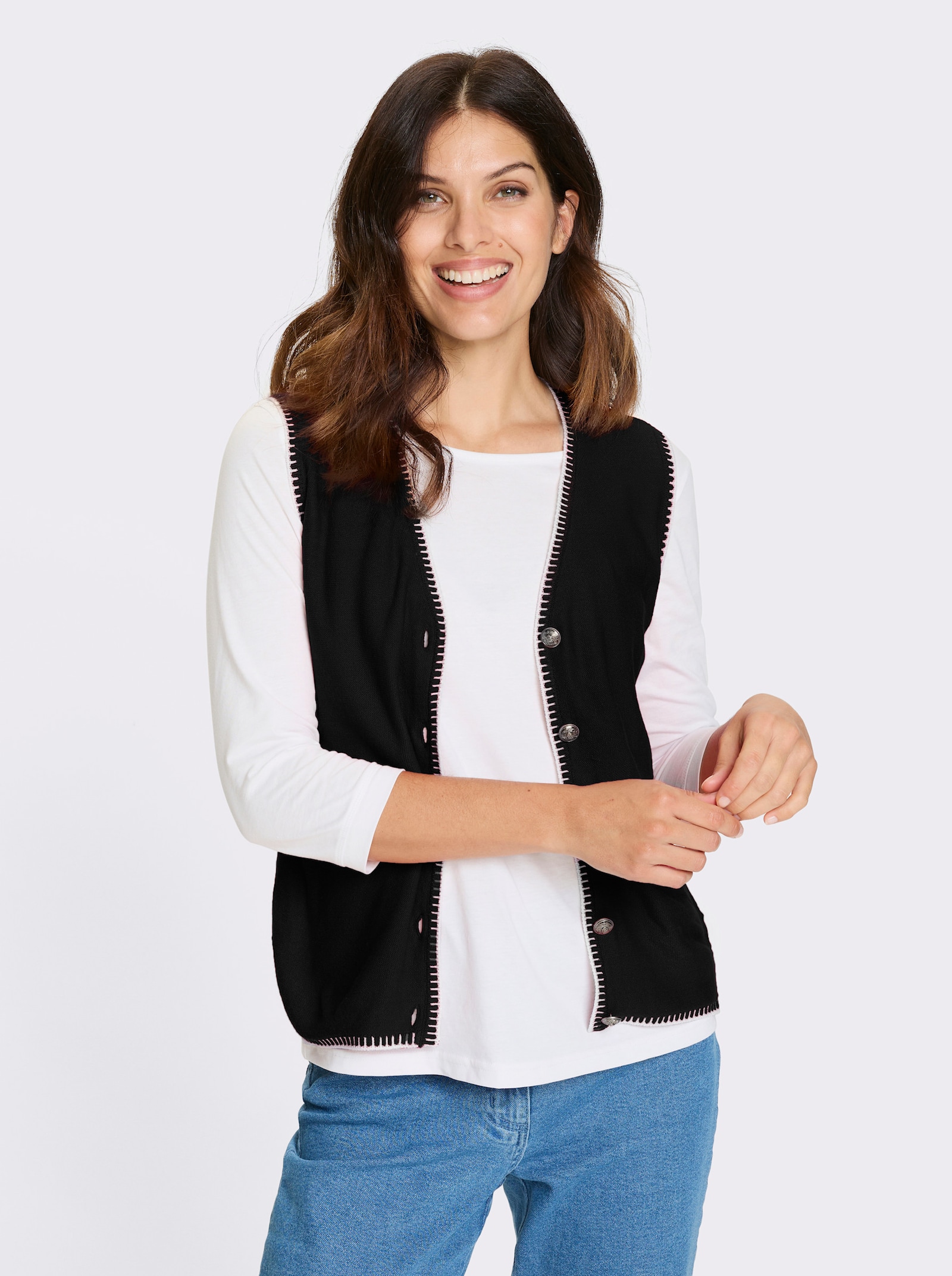 Pletená vesta s krojovými knoflíky - černá-ecru