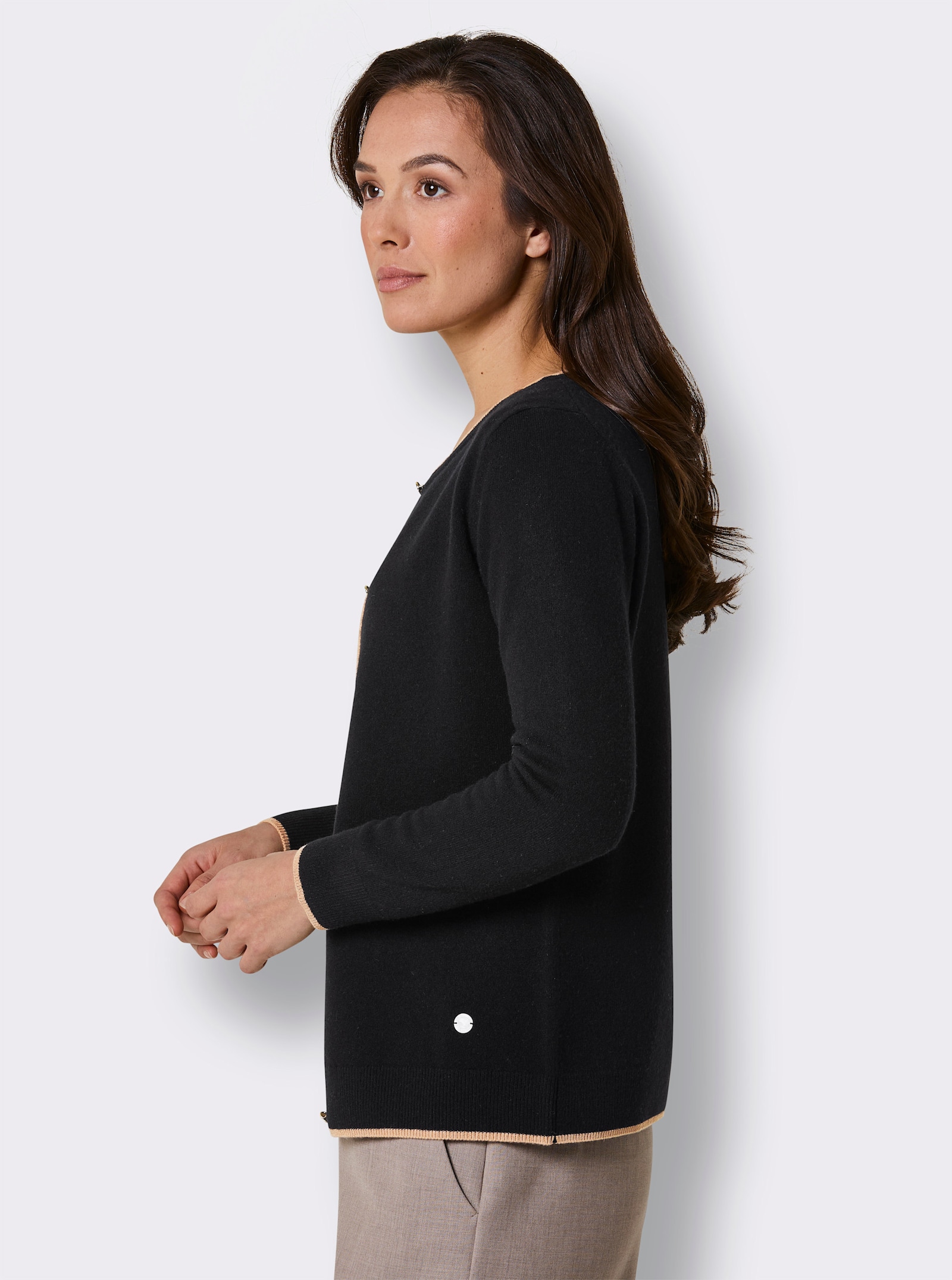 CREATION L PREMIUM Feinstrickjacke mit Kontrastkanten - schwarz-camel