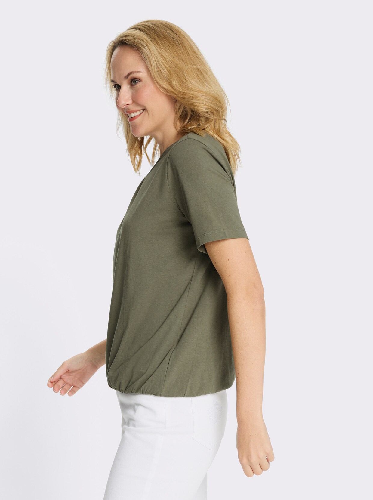 Kurzarmshirt mit gerafftem Ausschnitt - khaki