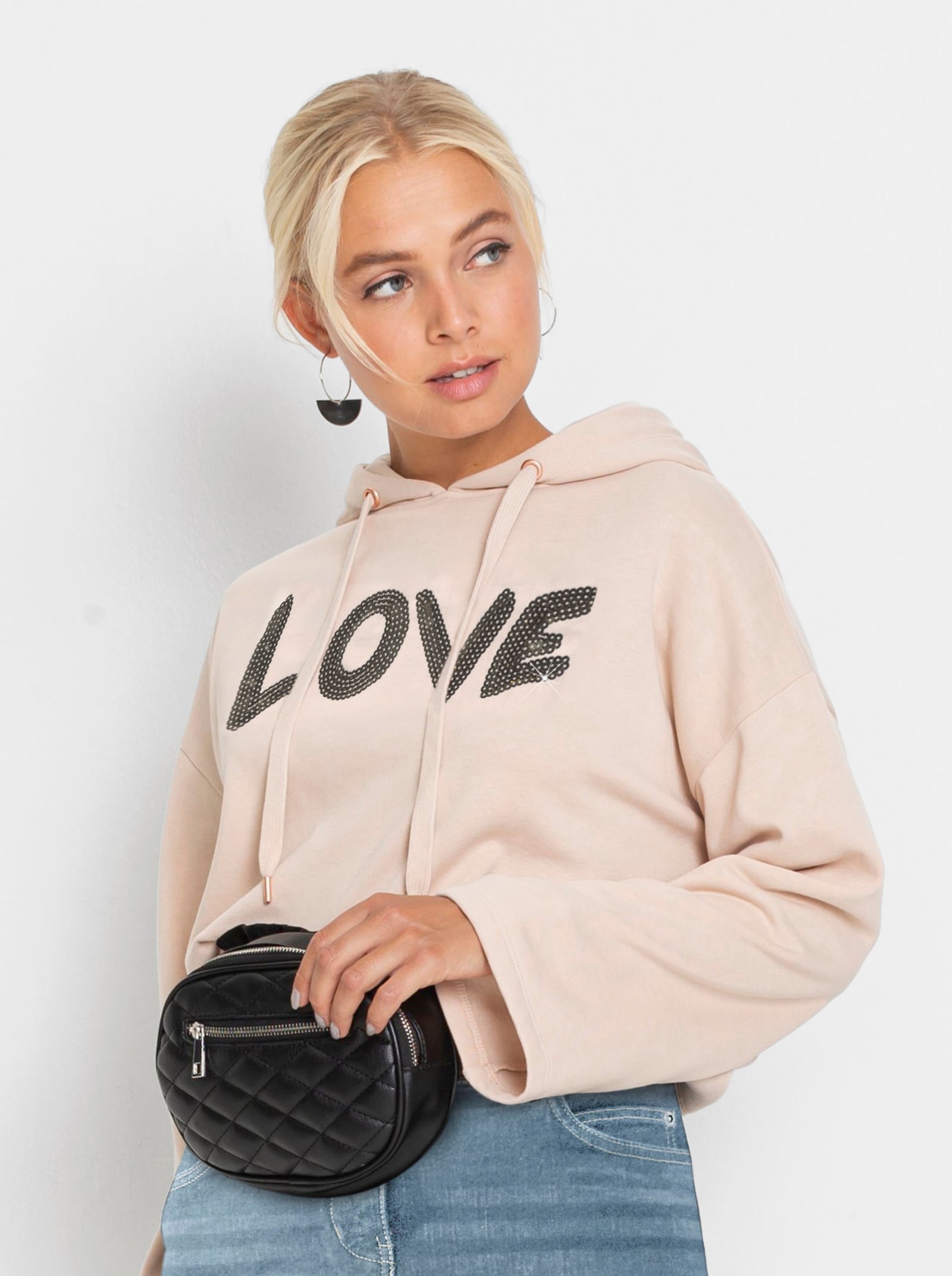 Kapuzensweatshirt mit LOVE-Schriftzug - champagner-bronzefarben-bedruckt