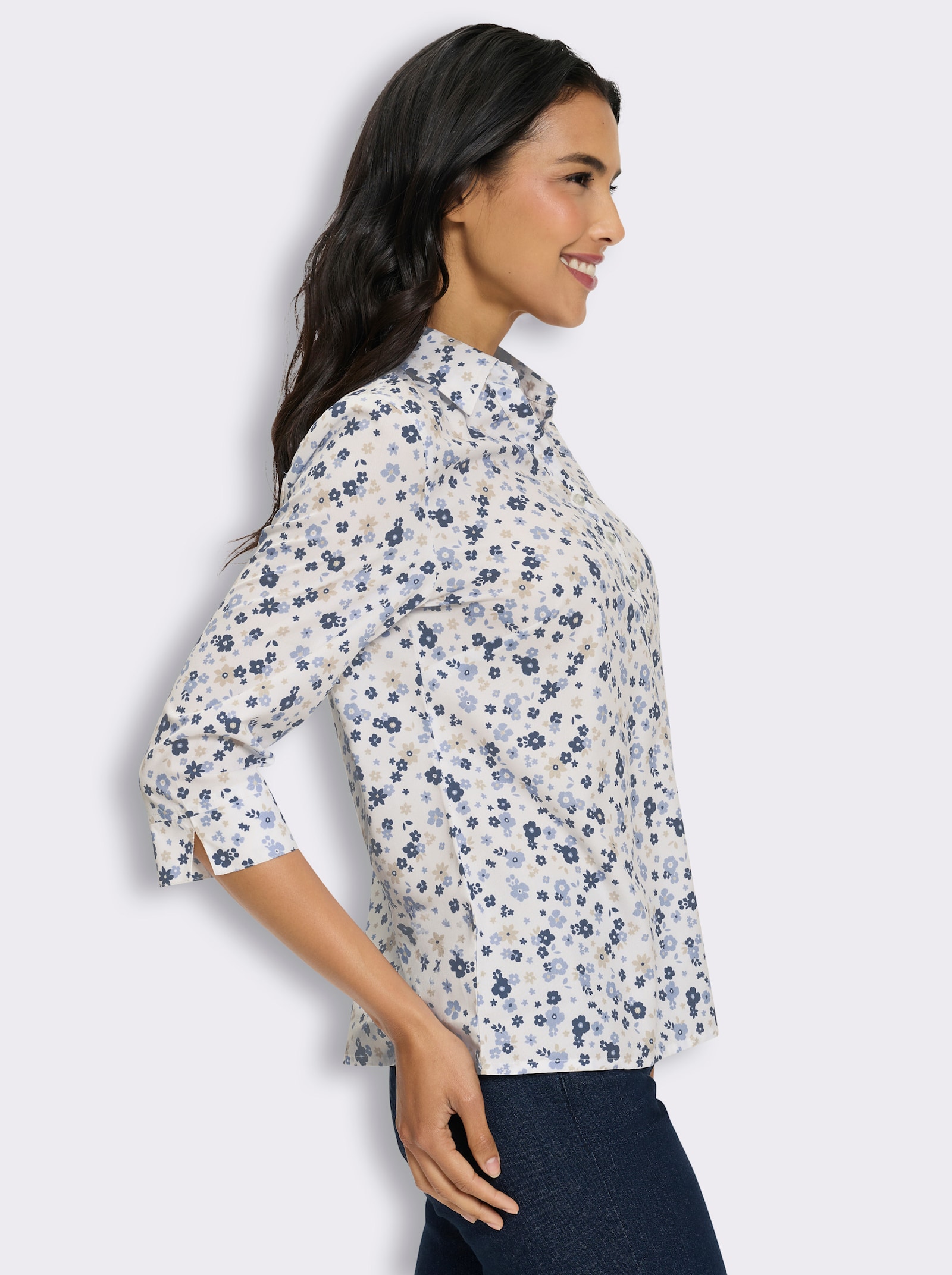 Schlupfbluse mit Millefleurs-Muster - ecru-bleu-bedruckt