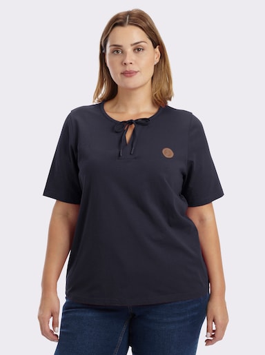 sheego Kurzarmshirt mit Bindeband am Ausschnitt - tiefblau