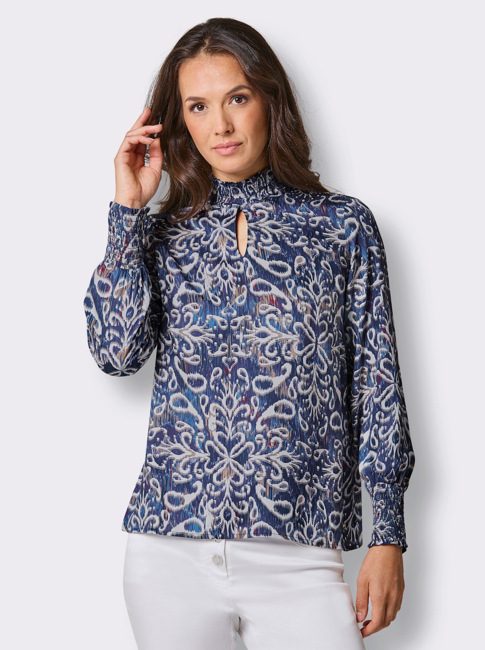 CREATION L PREMIUM Bluse mit Stehkragen mit gesmokten Abschlüssen - ecru-marine-bedruckt