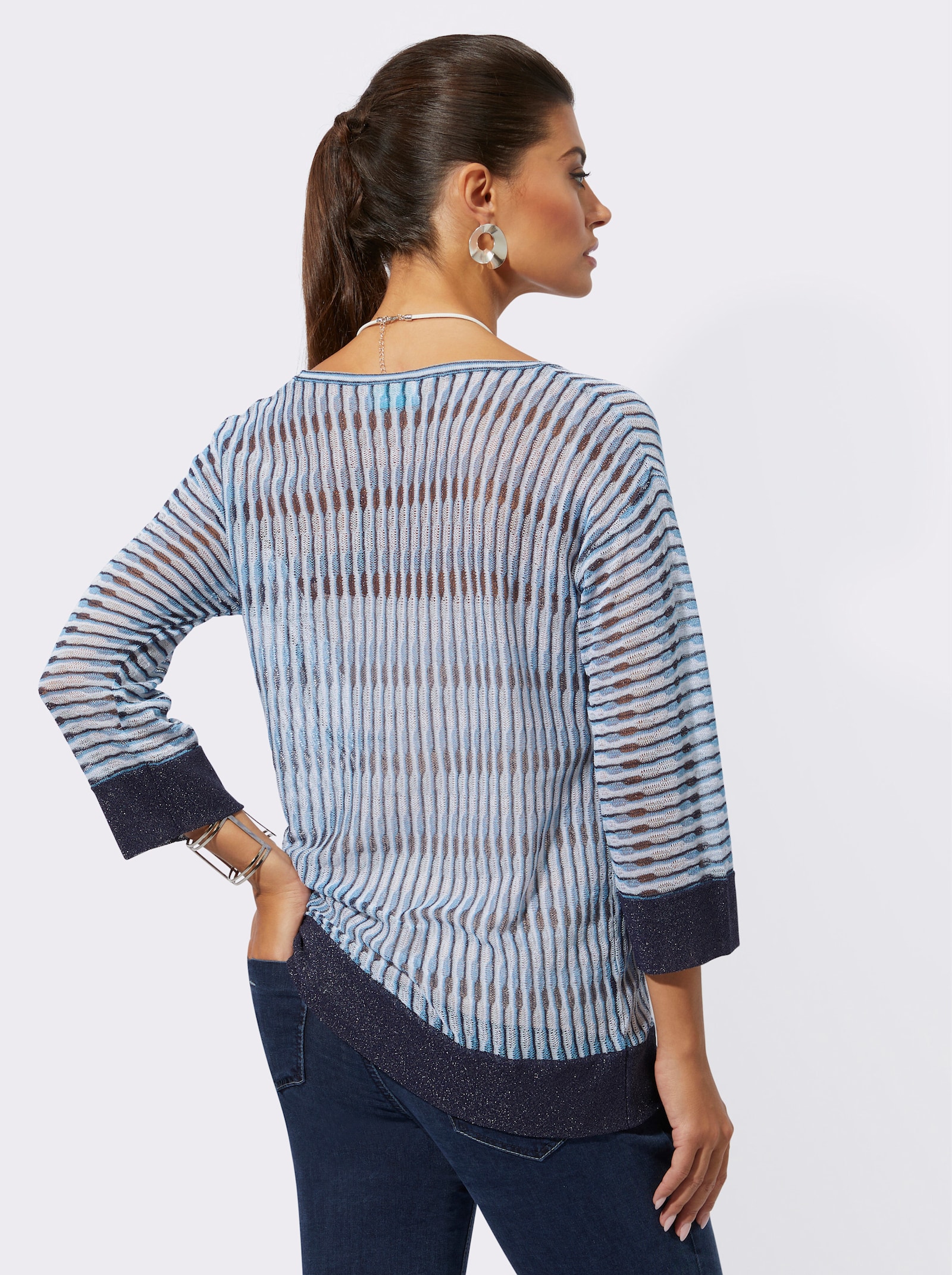 3/4 Arm-Pullover im Oversize-Stil - hellblau-mittelblau-gemustert