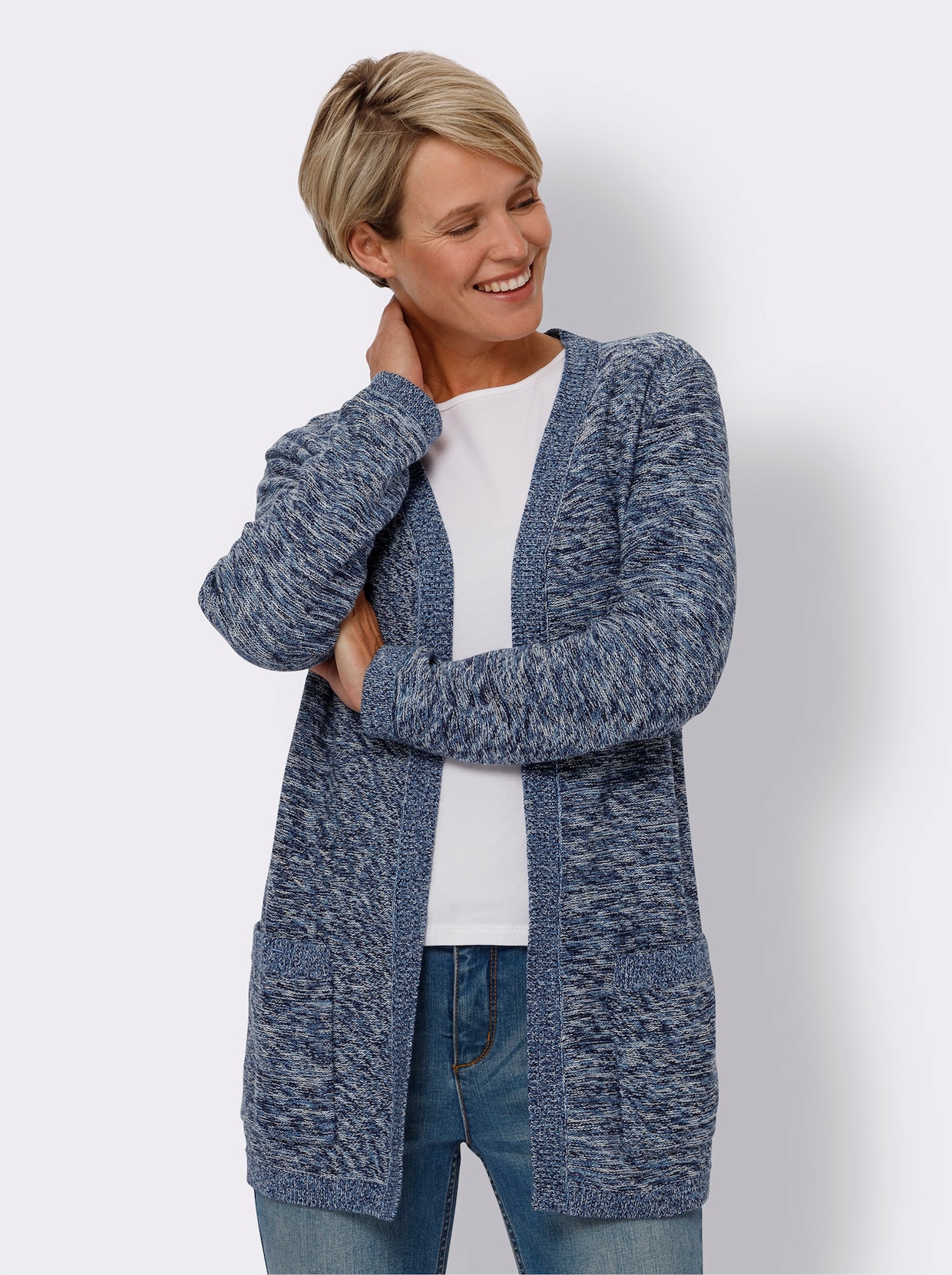 Lang gebreid vest - marine/ecru gemêleerd