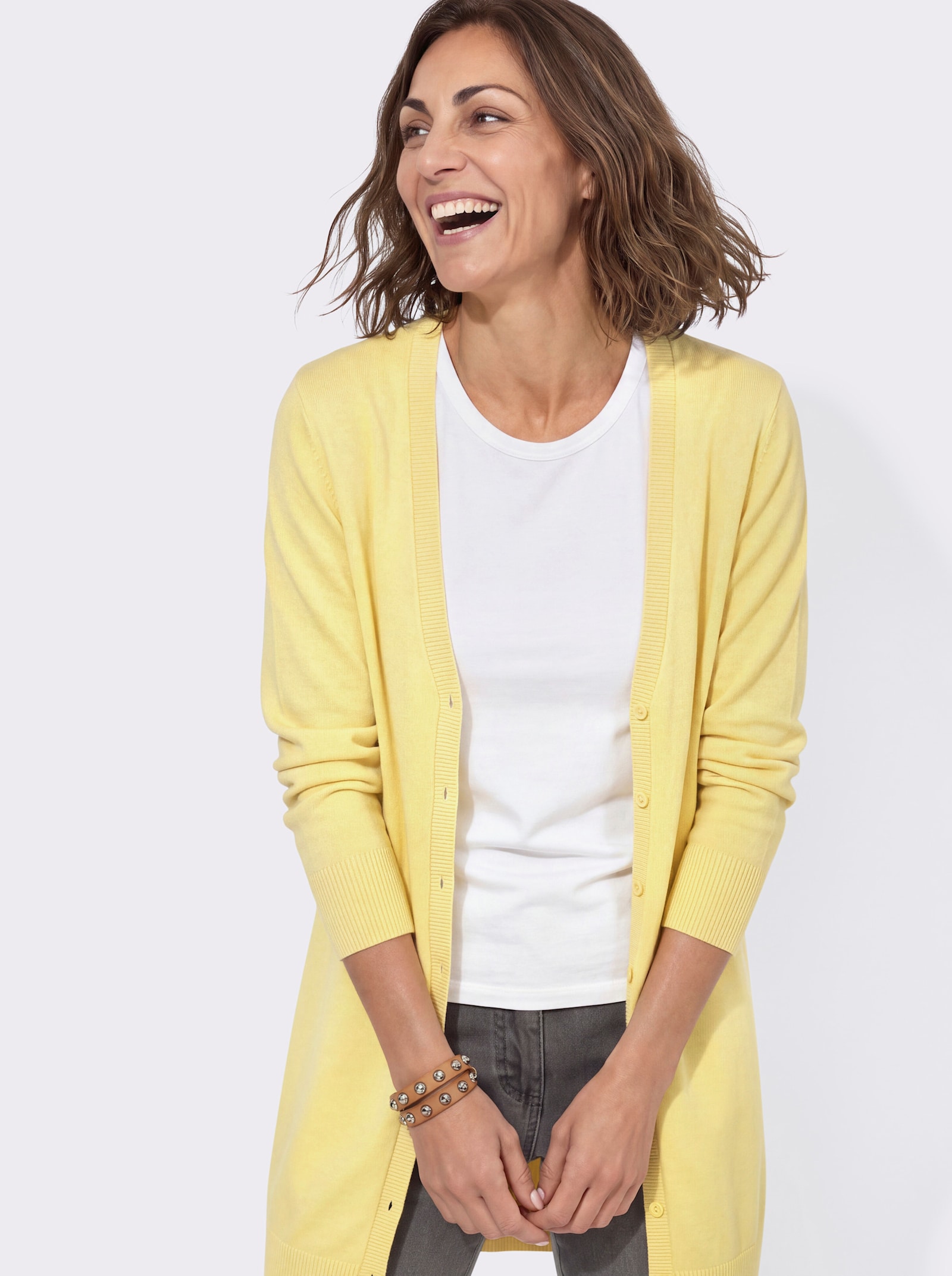Longstrickjacke mit gerippten Bündchen - zitrone