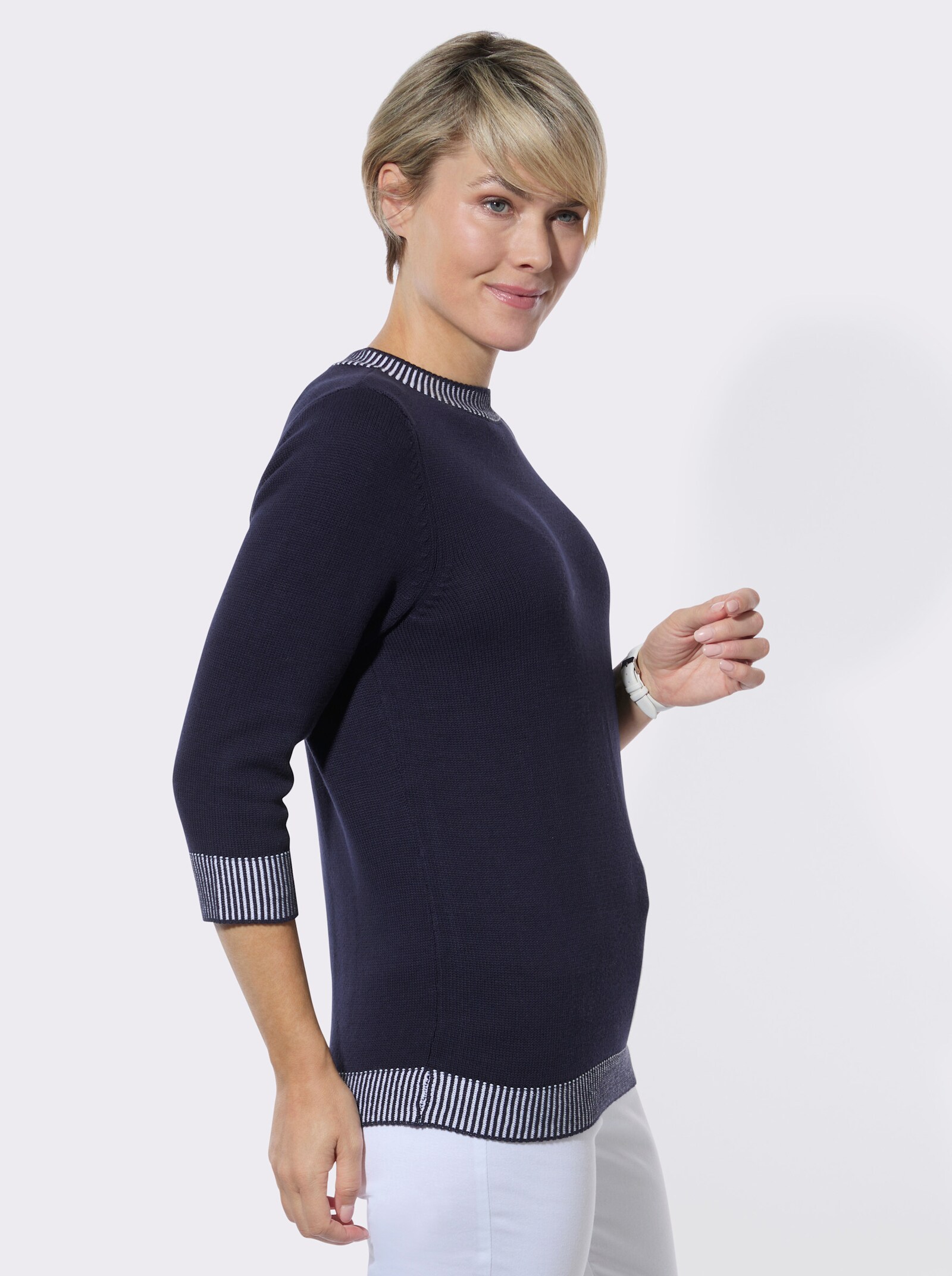3/4-Arm-Pullover mit gestreiften Abschlüssen - marine