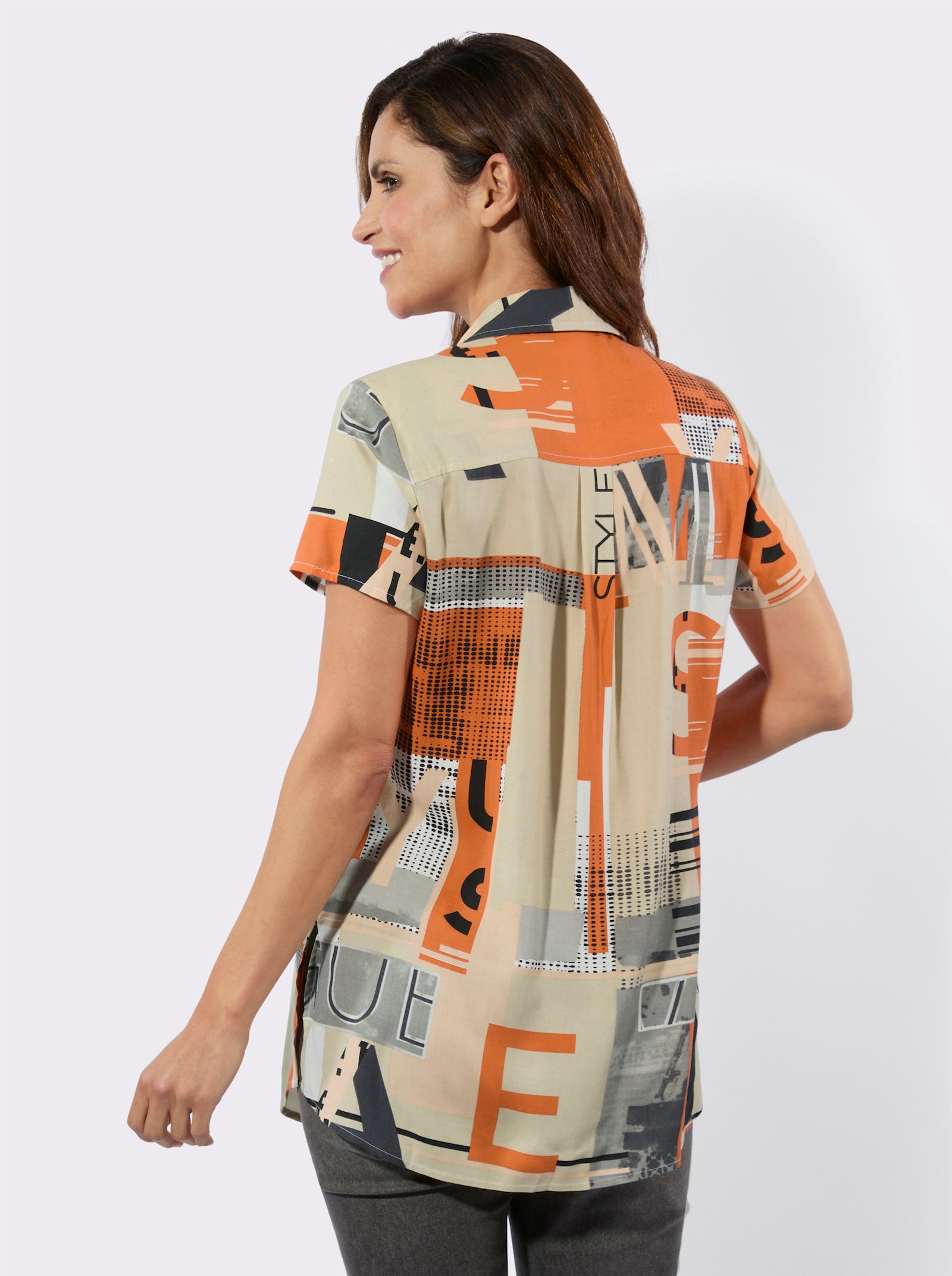 Longbluse in grafischem Dessin - orange-sand-bedruckt
