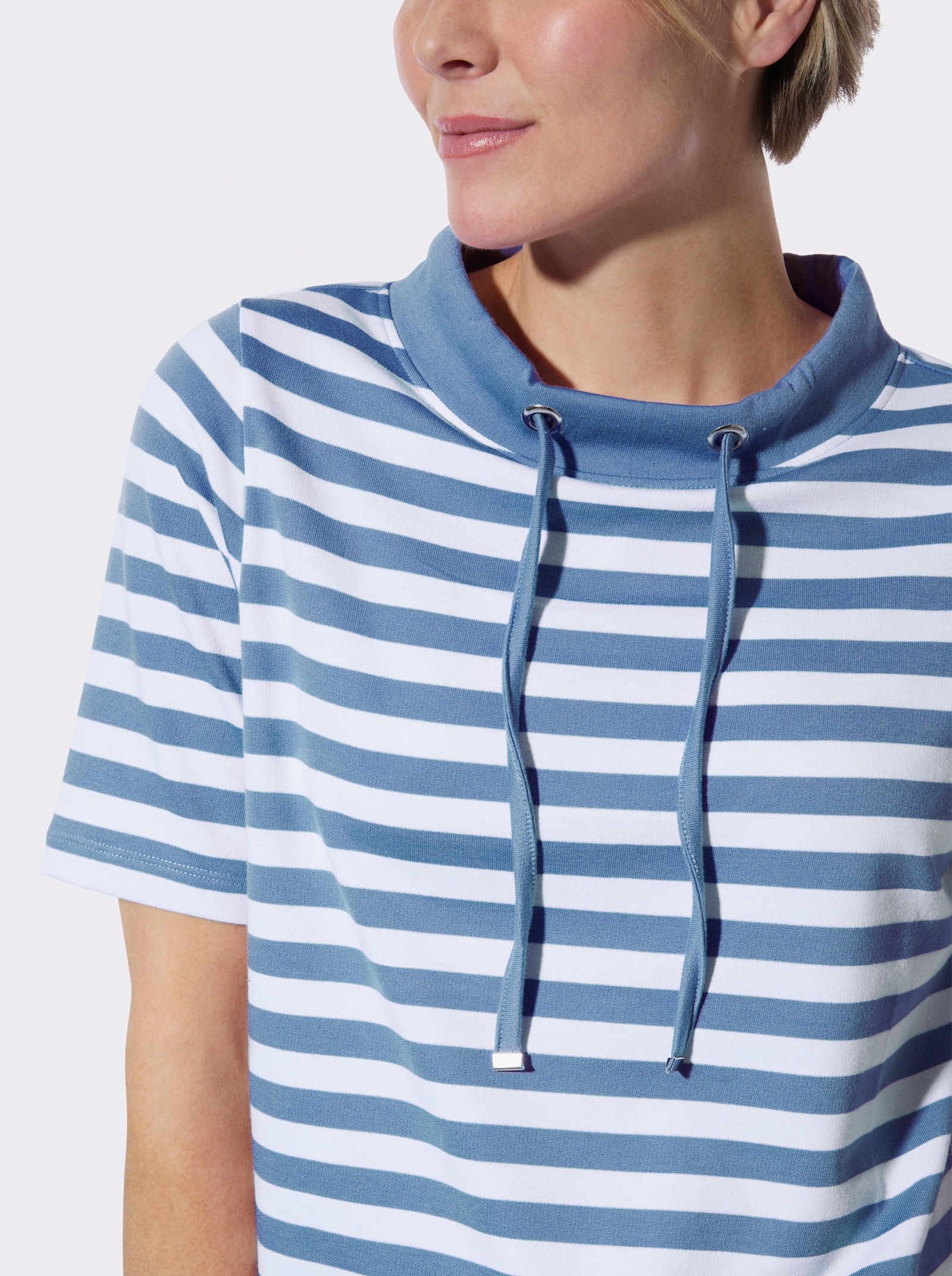 Sweatshirt in Interlock-Qualität - mittelblau-ecru-geringelt