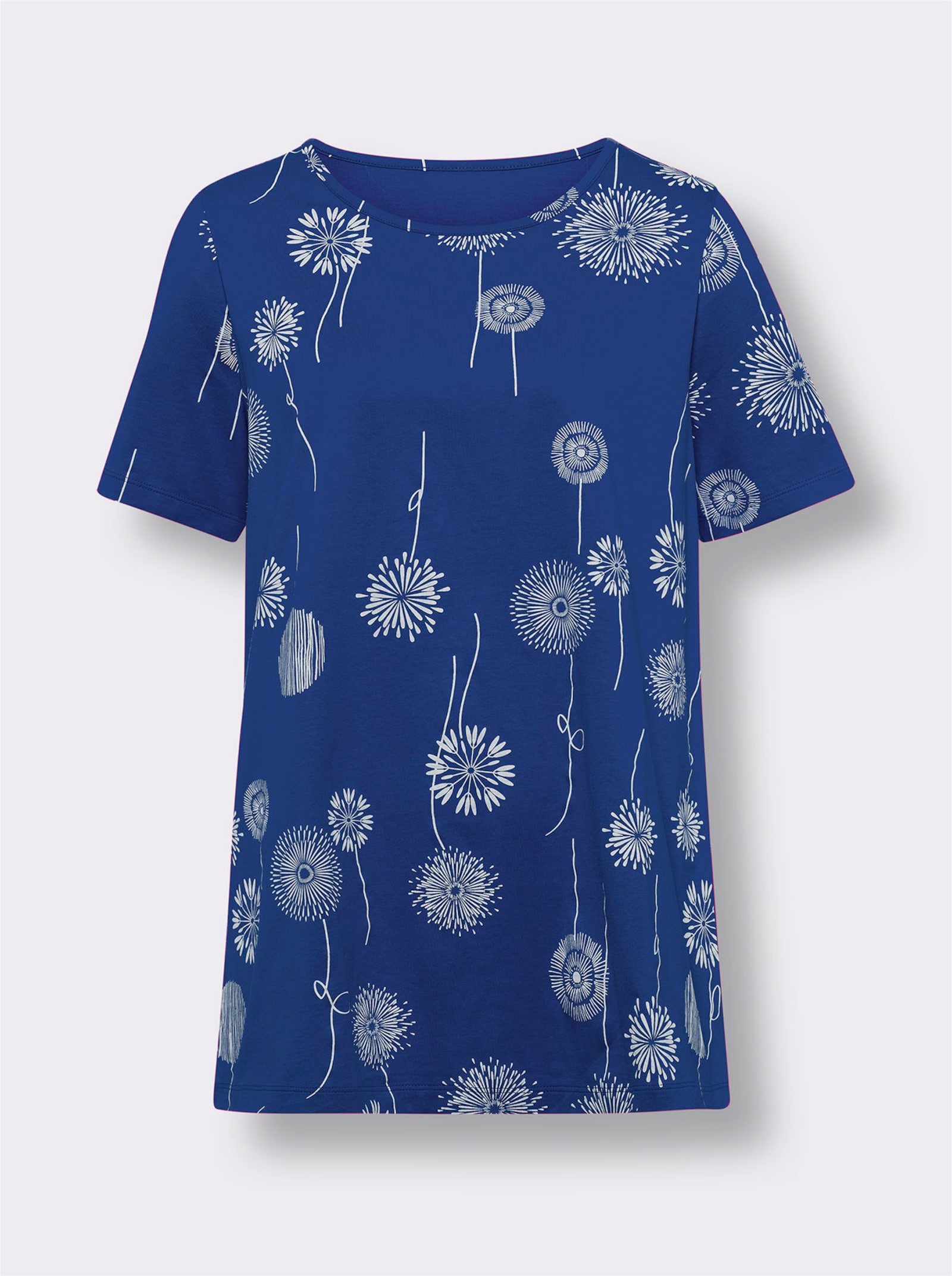 Lang shirt met paardenbloemensprint - koningsblauw/wit bedrukt