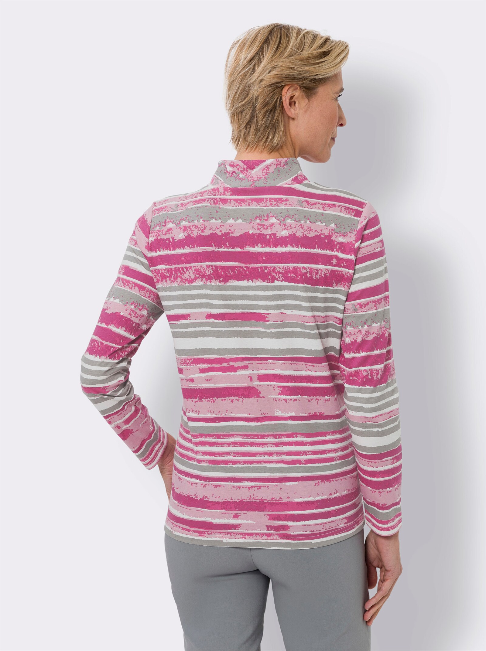 Tričko se stojáčkem a proužkovaným vzorem - starorůžová-šedá-potisk