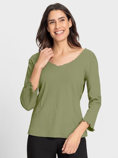 V-Shirt mit Wellensaum an Ausschnitt und Ärmel - lindgrün