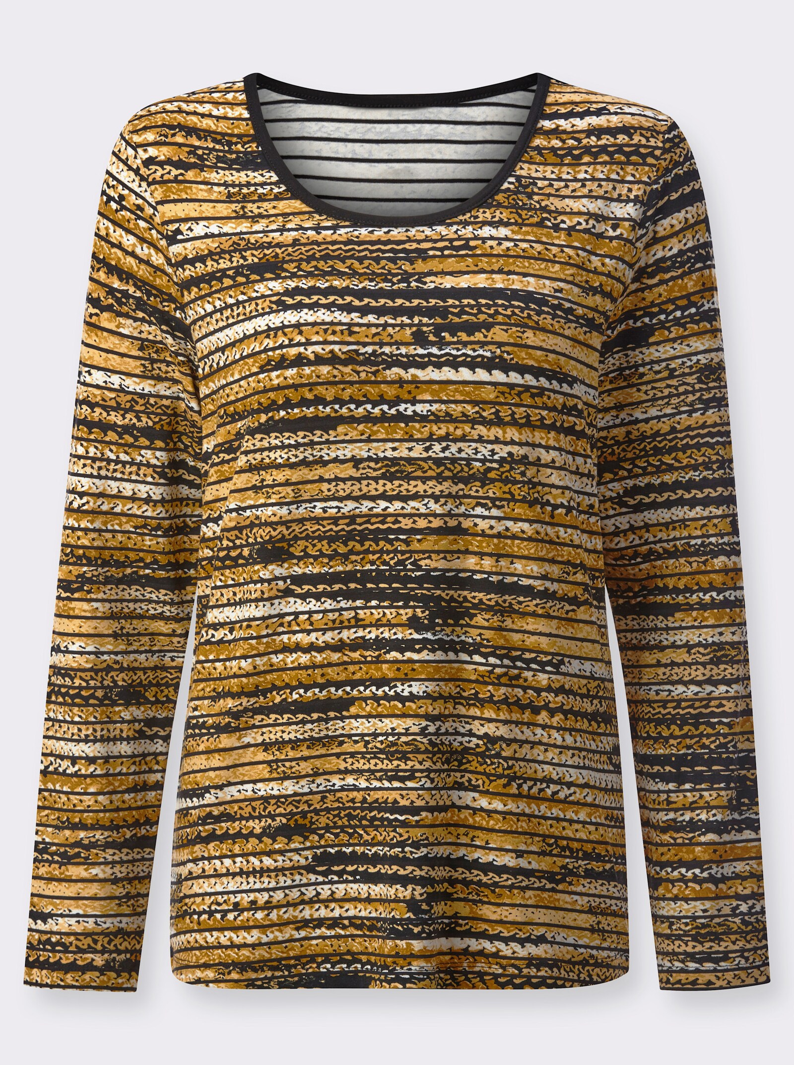 Langarmshirt mit Ringel-Muster - ocker-schwarz-bedruckt