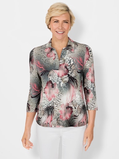 Poloshirt in elastischer Viskose-Qualität - flamingo-steingrau-bedruckt