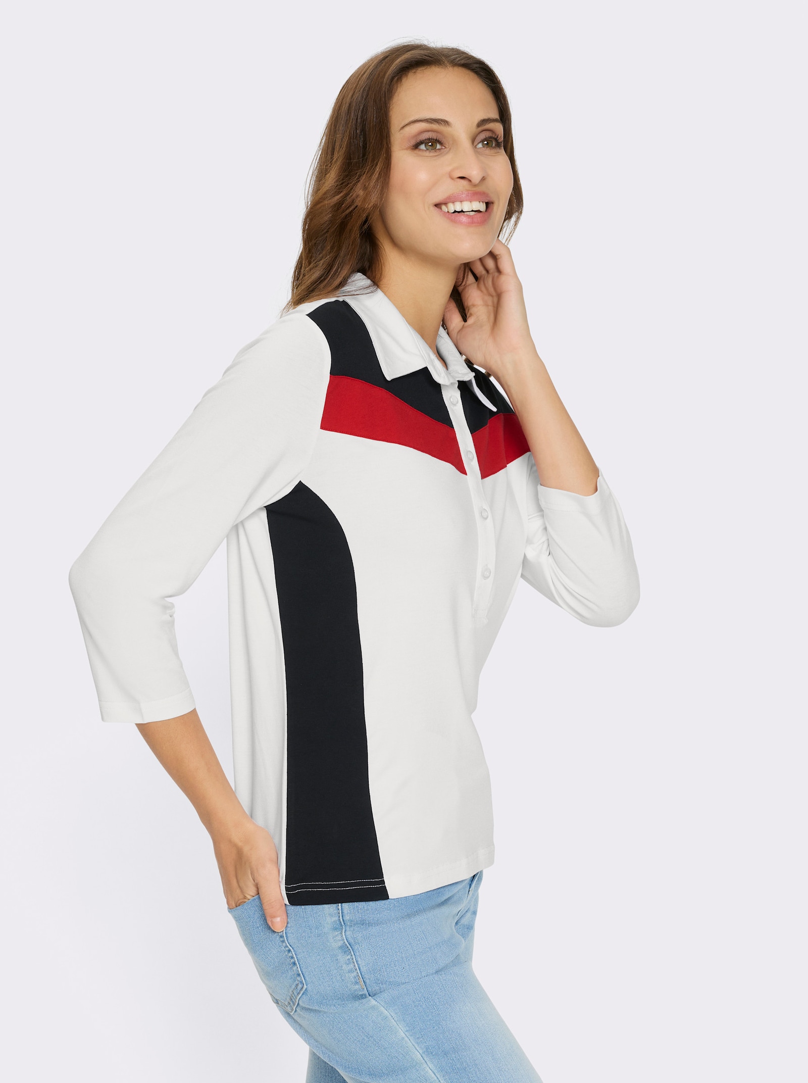 Poloshirt mit seitlichen Kontrast-Einsätzen - weiß-schwarz-gemustert