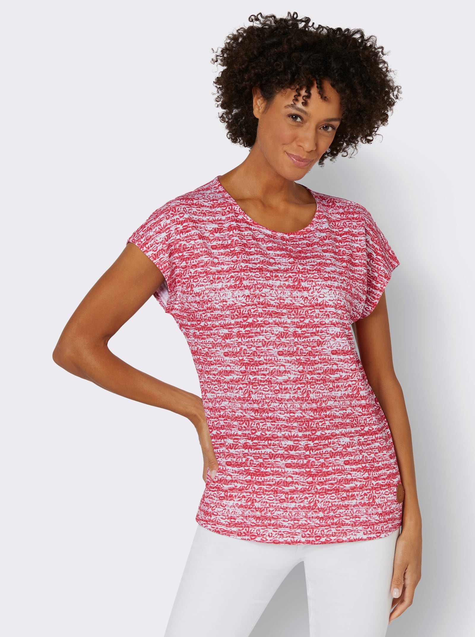 Shirt met ronde hals en zacht katoen - rood/ecru gestreept