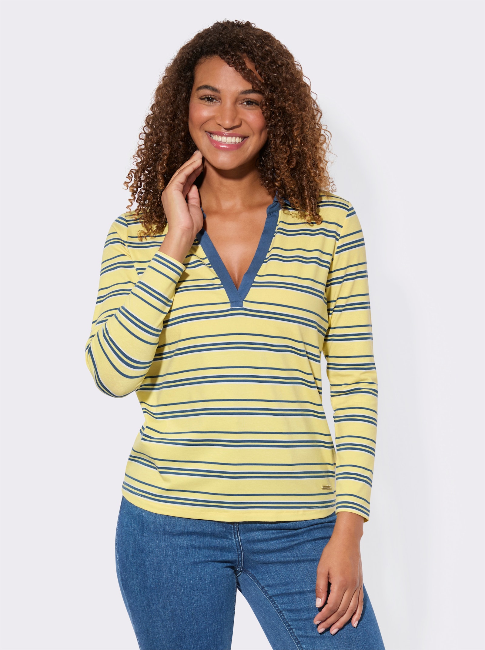 Poloshirt mit Ringelmuster - zitrone-jeansblau-gestreift