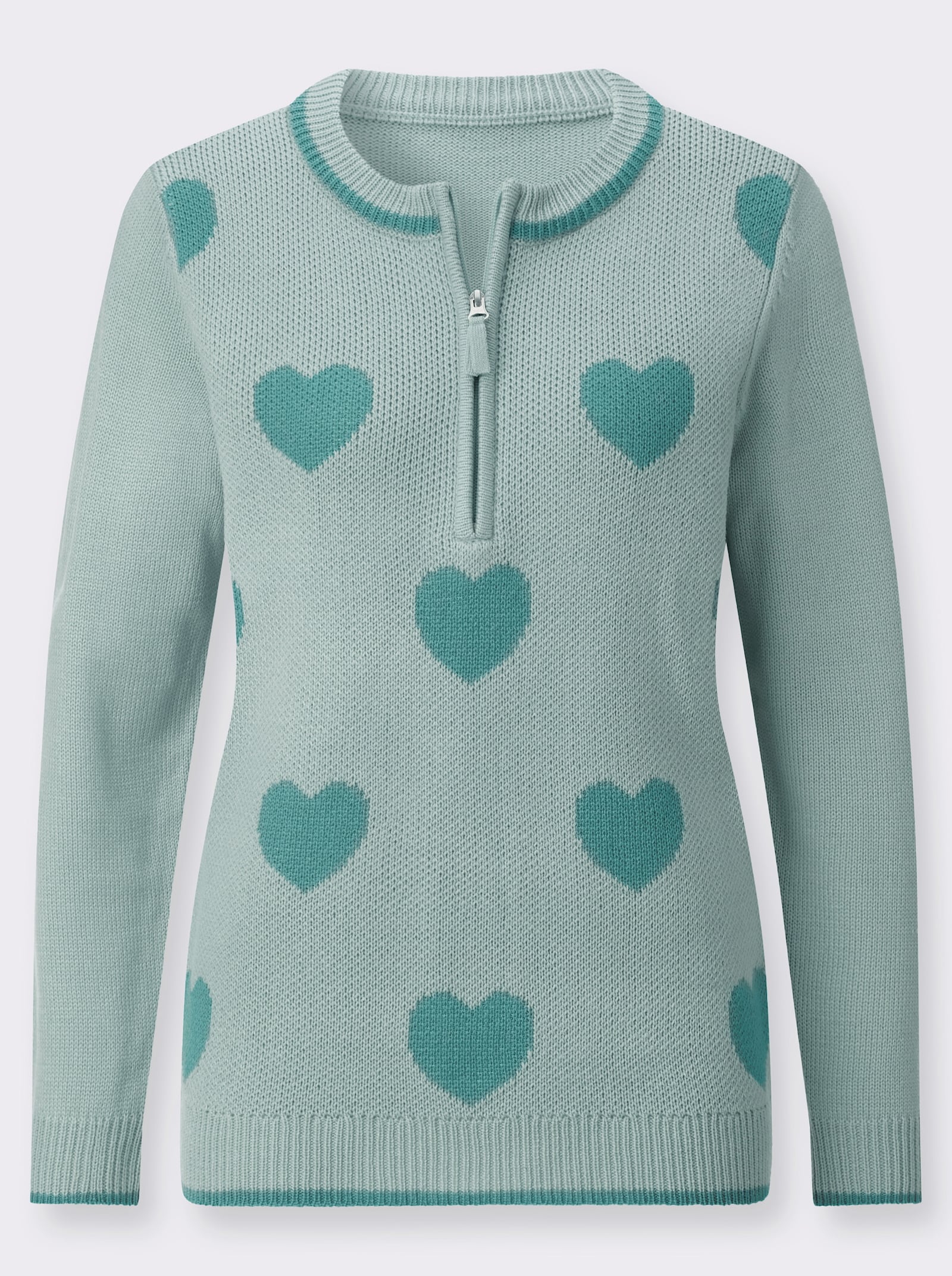 Langarm-Pullover mit Herz-Muster - kalkmint-ozean-gemustert