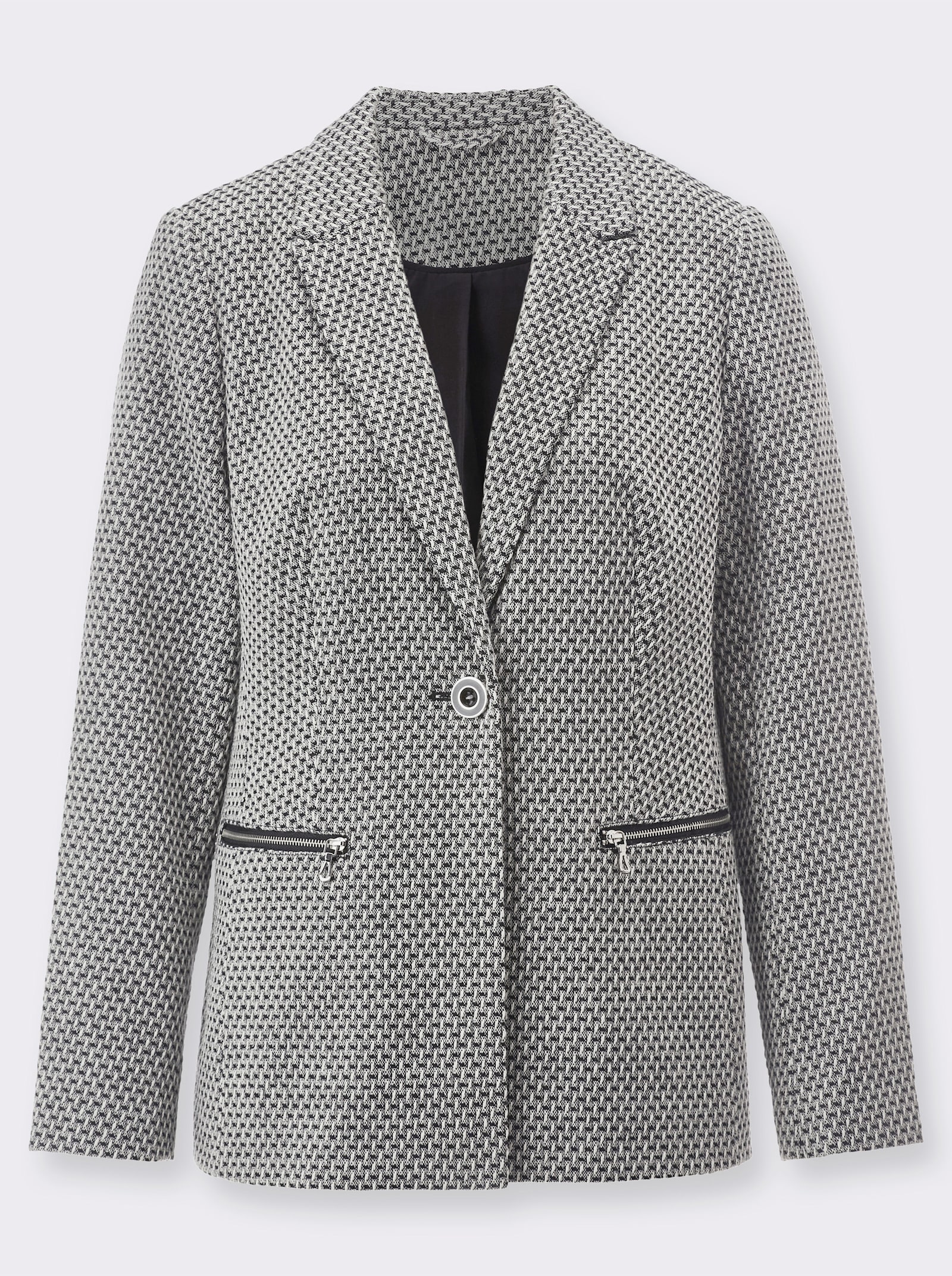 Jacquardblazer mit Reissverschluss-Taschen - ecru-schwarz-gemustert