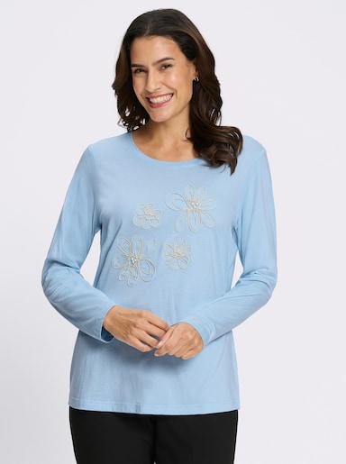 Langarmshirt mit Kordelstickerei und Zierperlen - eisblau