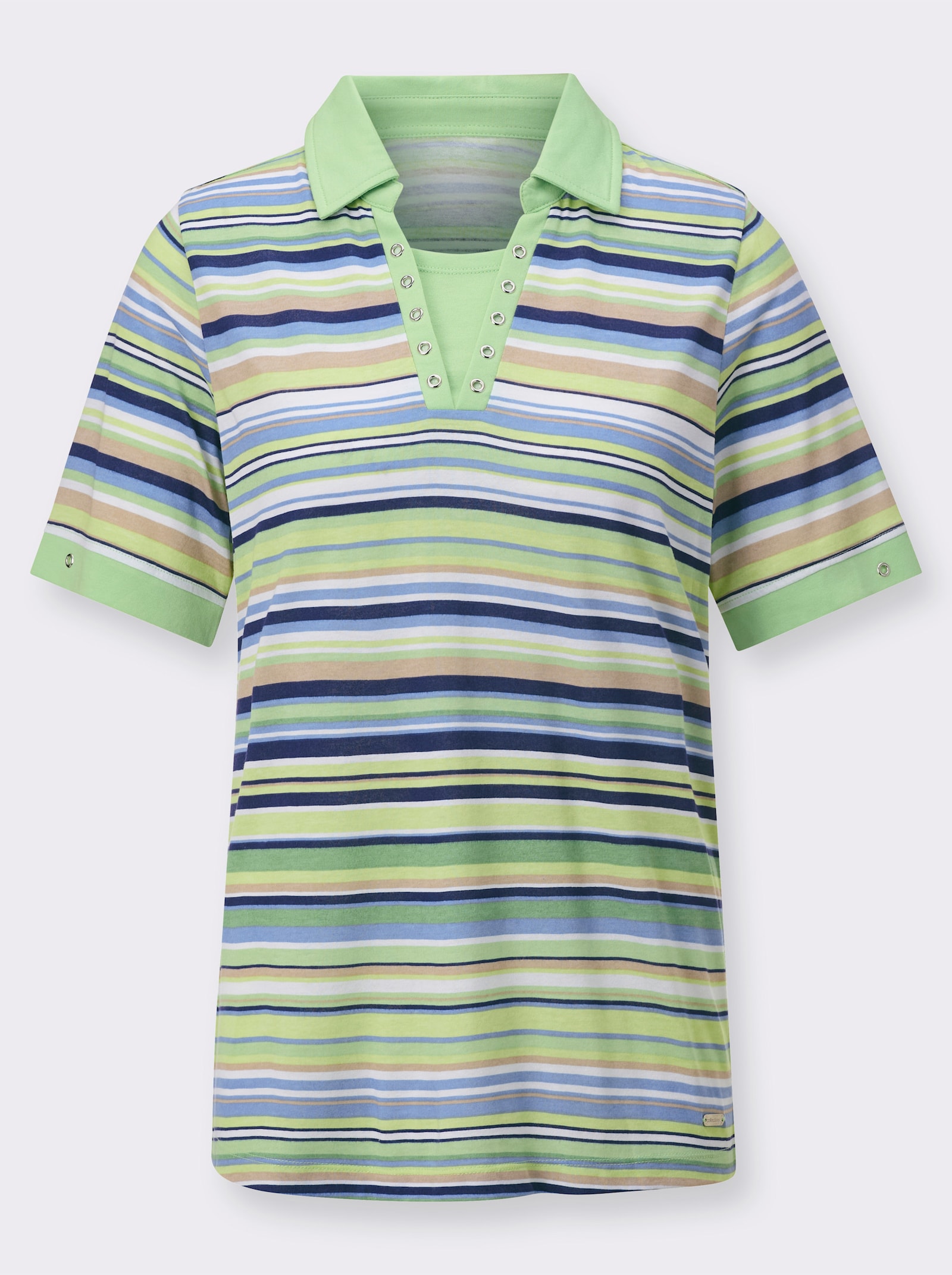 Poloshirt mit Ösen-Verzierung - reseda-bleu-geringelt