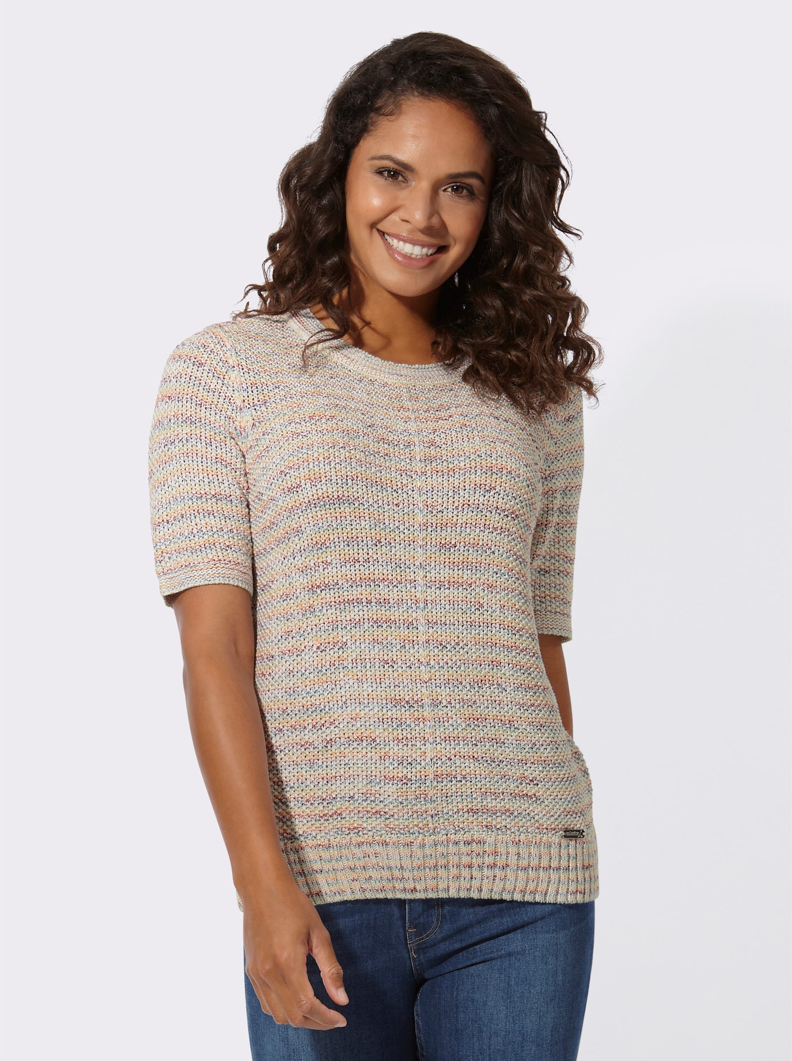 Kurzarmpullover in farbharmonischer Melange-Optik - ecru-papaya-meliert