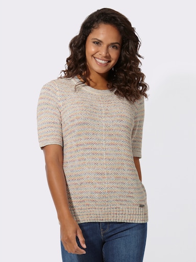 Kurzarmpullover in farbharmonischer Melange-Optik - ecru-papaya-meliert