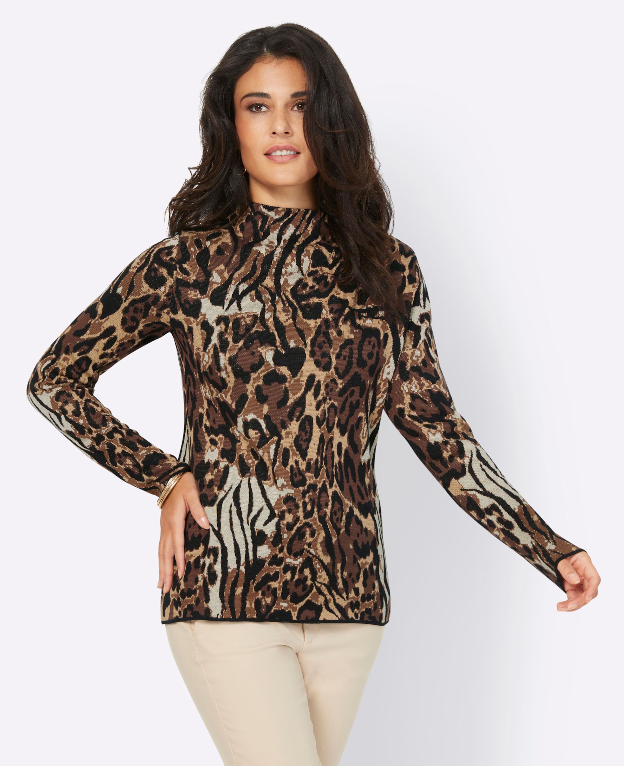 Ist der günstig Kaufen-Pullover in braun-schwarz-gemustert von heine. Pullover in braun-schwarz-gemustert von heine <![CDATA[Der Pullover in edel-schimmerndem Leo-Tiger-Jacquard-Muster ist immer und überall ein aufsehenerregend attraktiver Blickfang! Er verzaubert mit hochwert