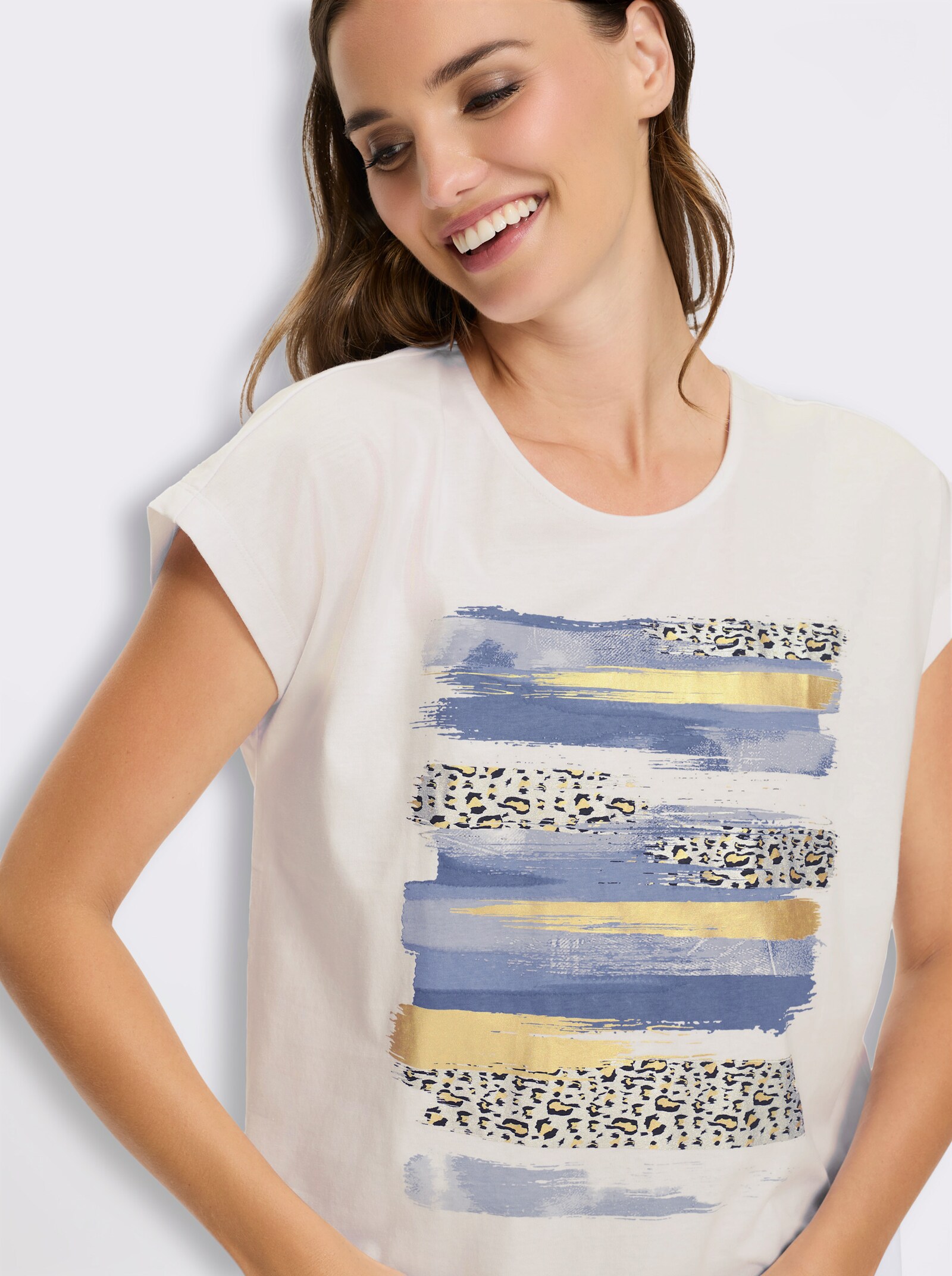 Kurzarmshirt mit Foliendruck - weiß-jeansblau