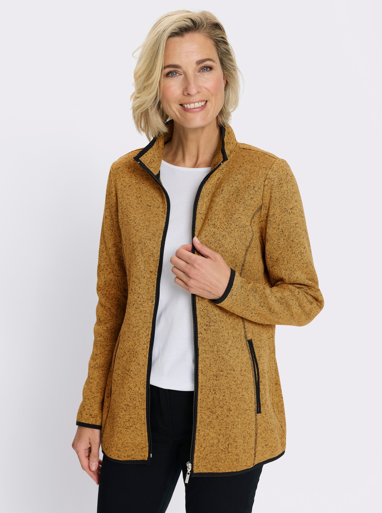 Strickfleecejacke mit elastischen Paspel-Abschlüssen - ocker-schwarz-gemustert