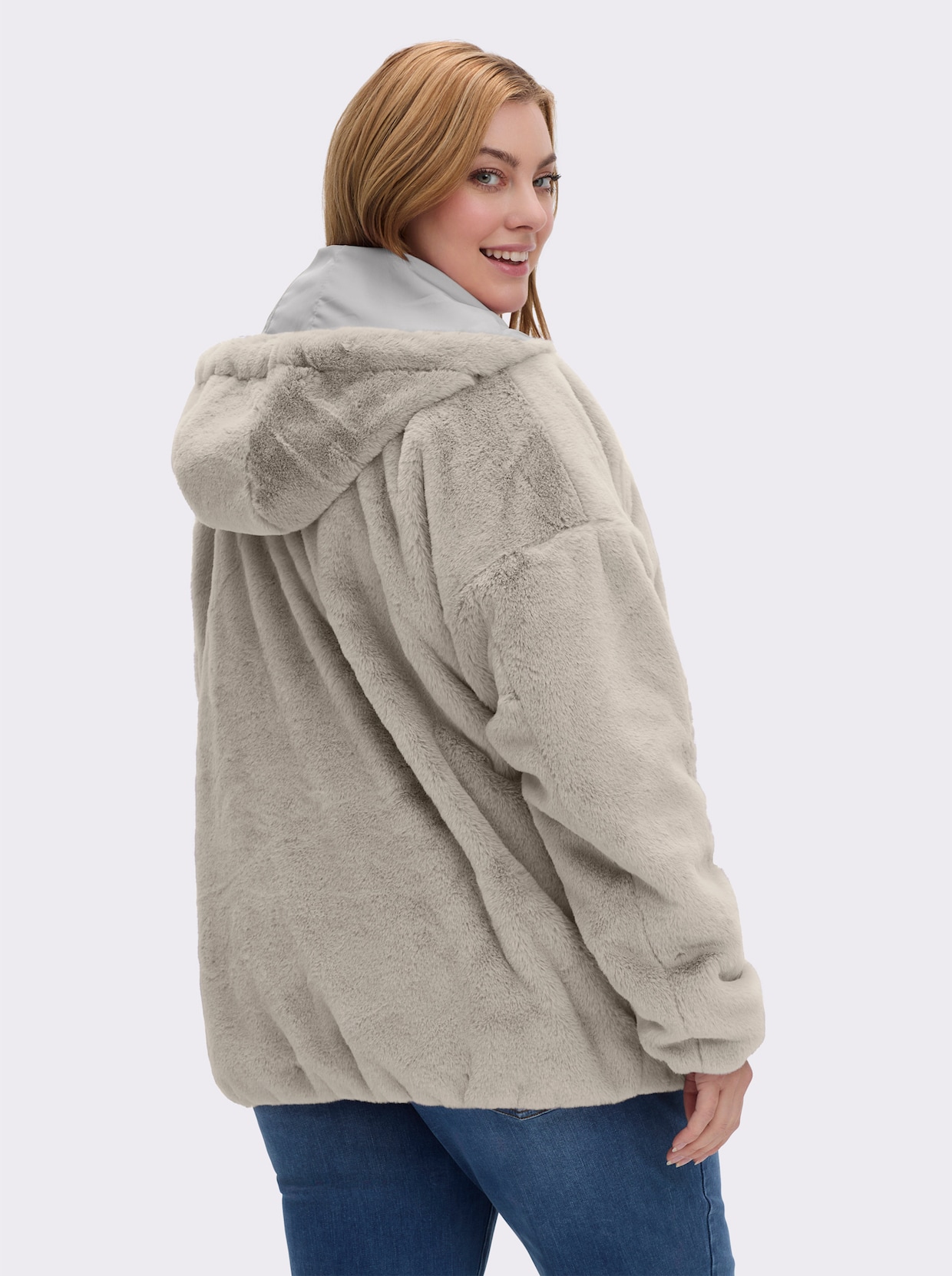 Fellimitatjacke mit Gummizug an Ärmeln und Saum - hellgrau