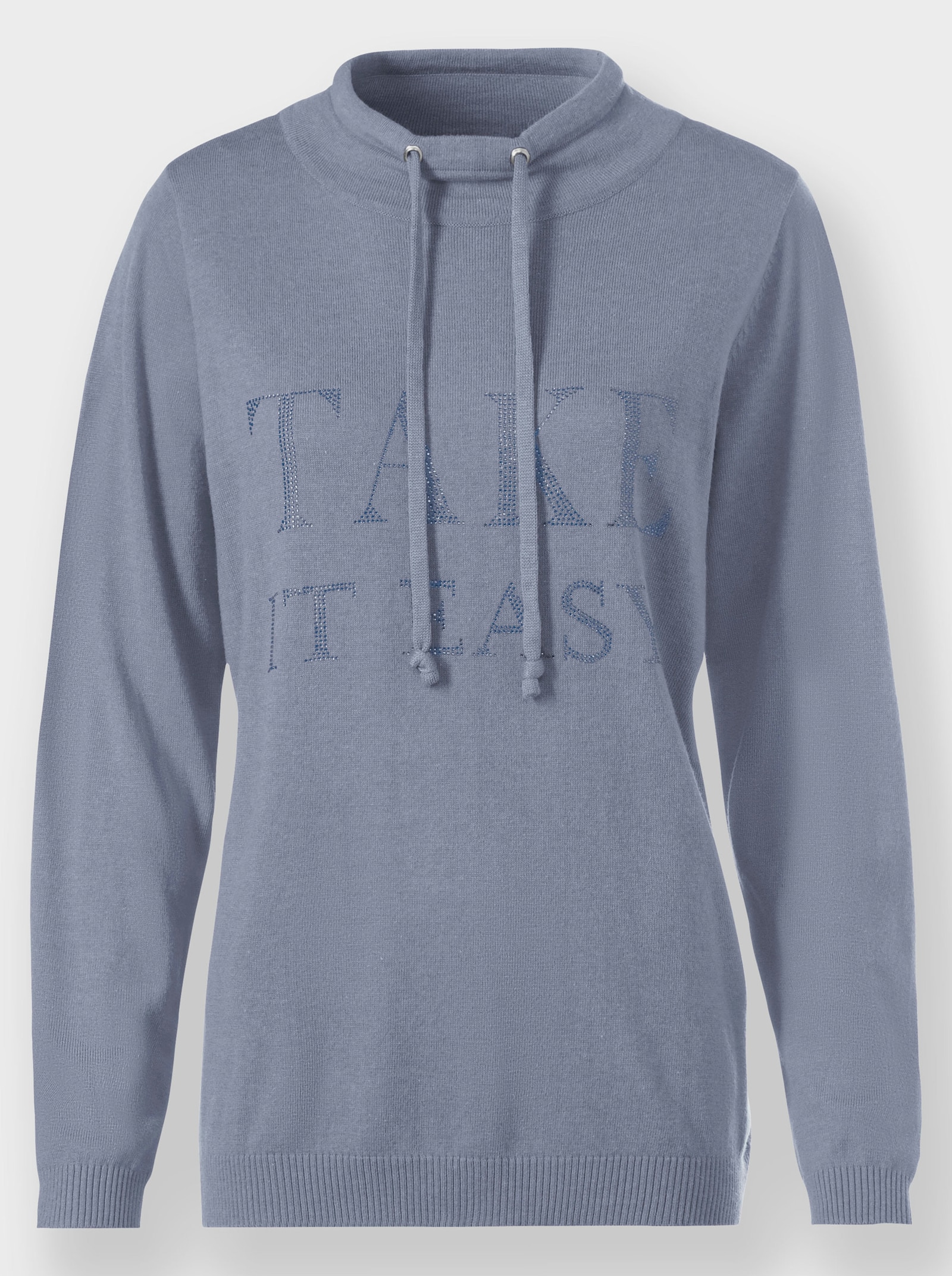 heine Stehkragenpullover mit Glitzersteinchen-Schriftzug - taubenblau