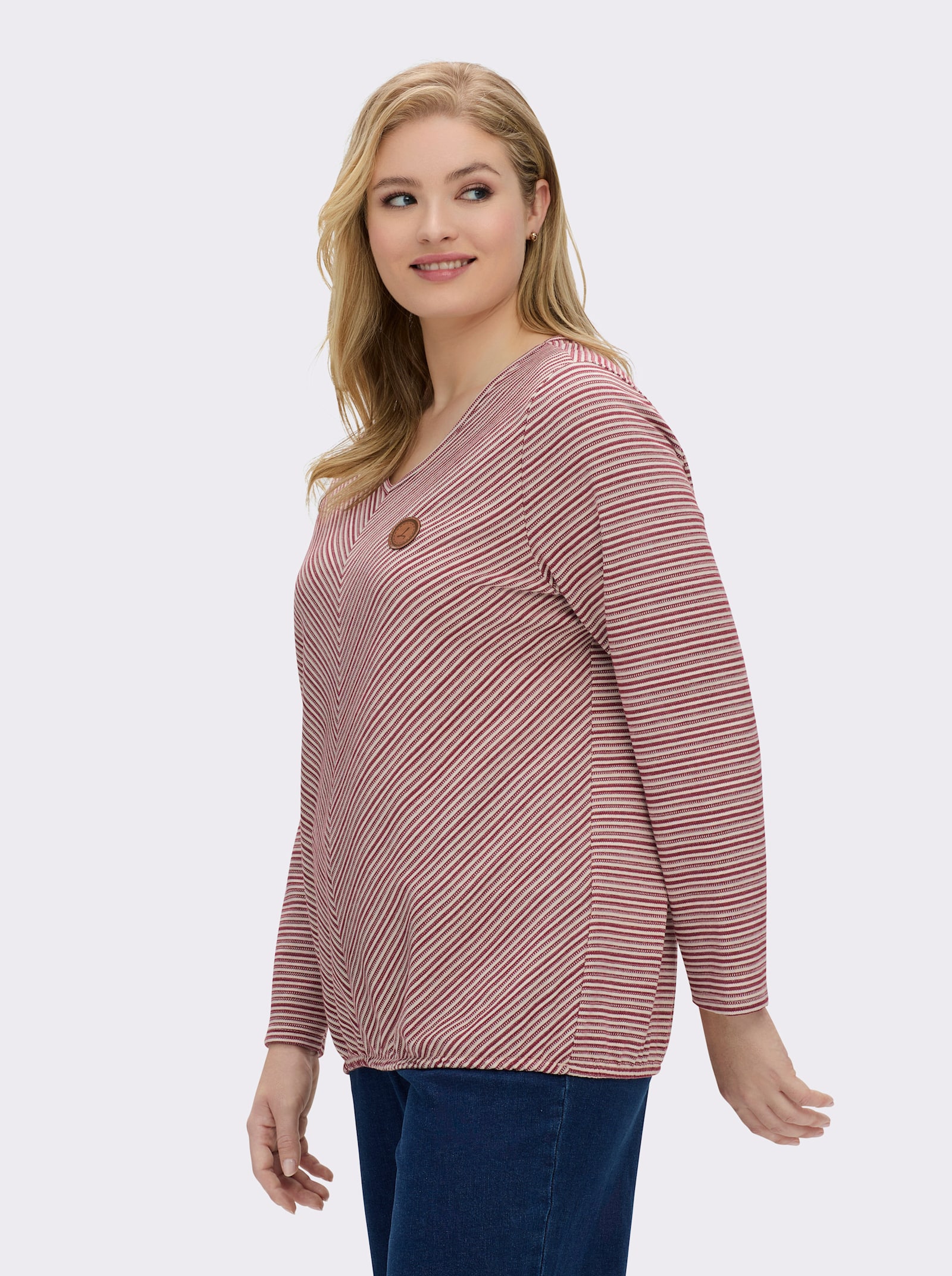 Langarmshirt mit elastischem Saum - dunkelrot-ecru-gemustert