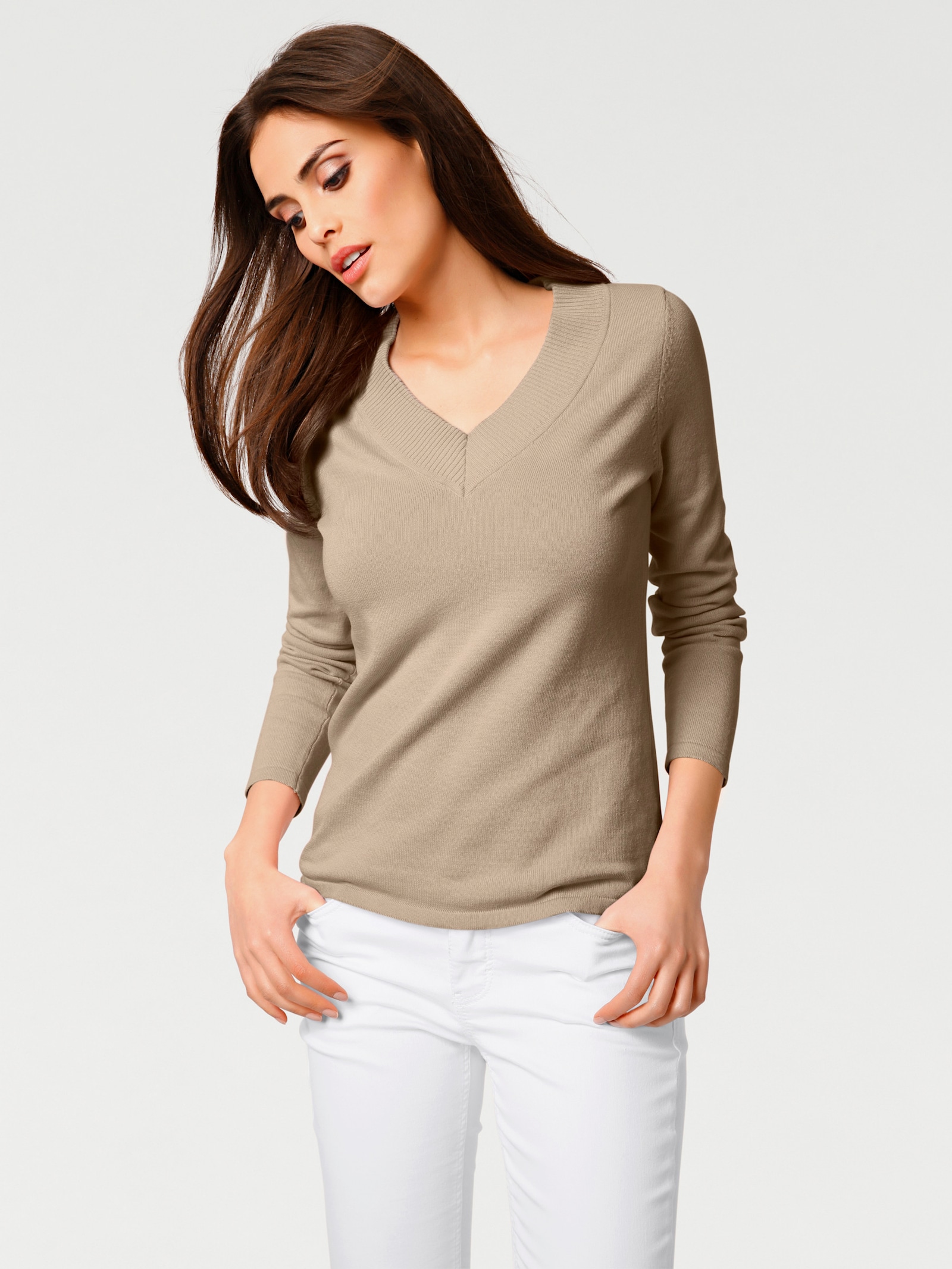 heine Pullover met V-hals van puur katoen - beige