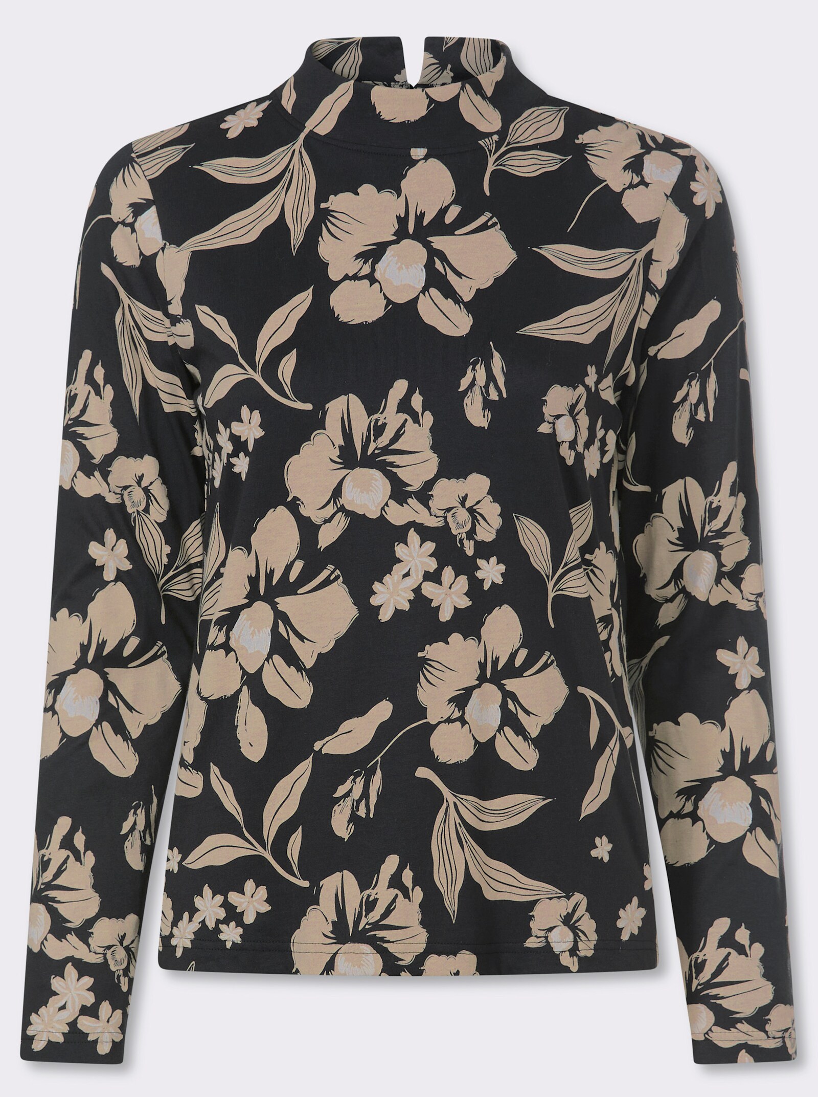 Stehkragenshirt mit Modal - schwarz-sand-bedruckt