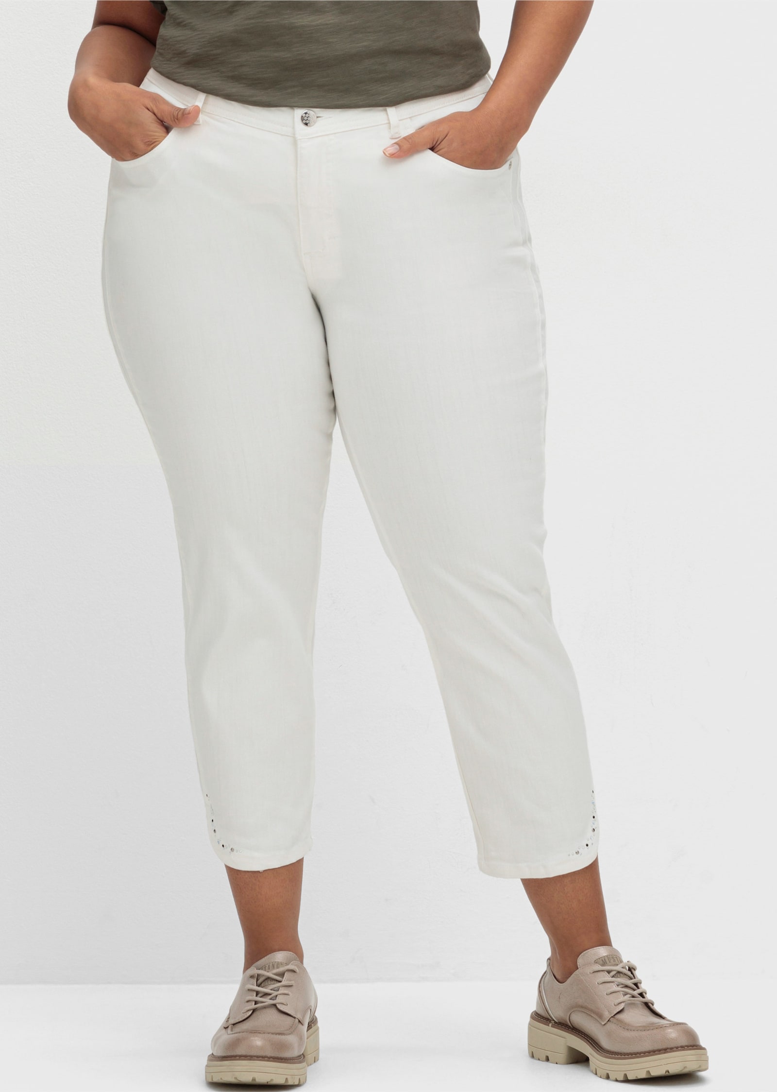 7/8-Jeans mit Glitzersteinchen an den Beinschlitzen - ecru