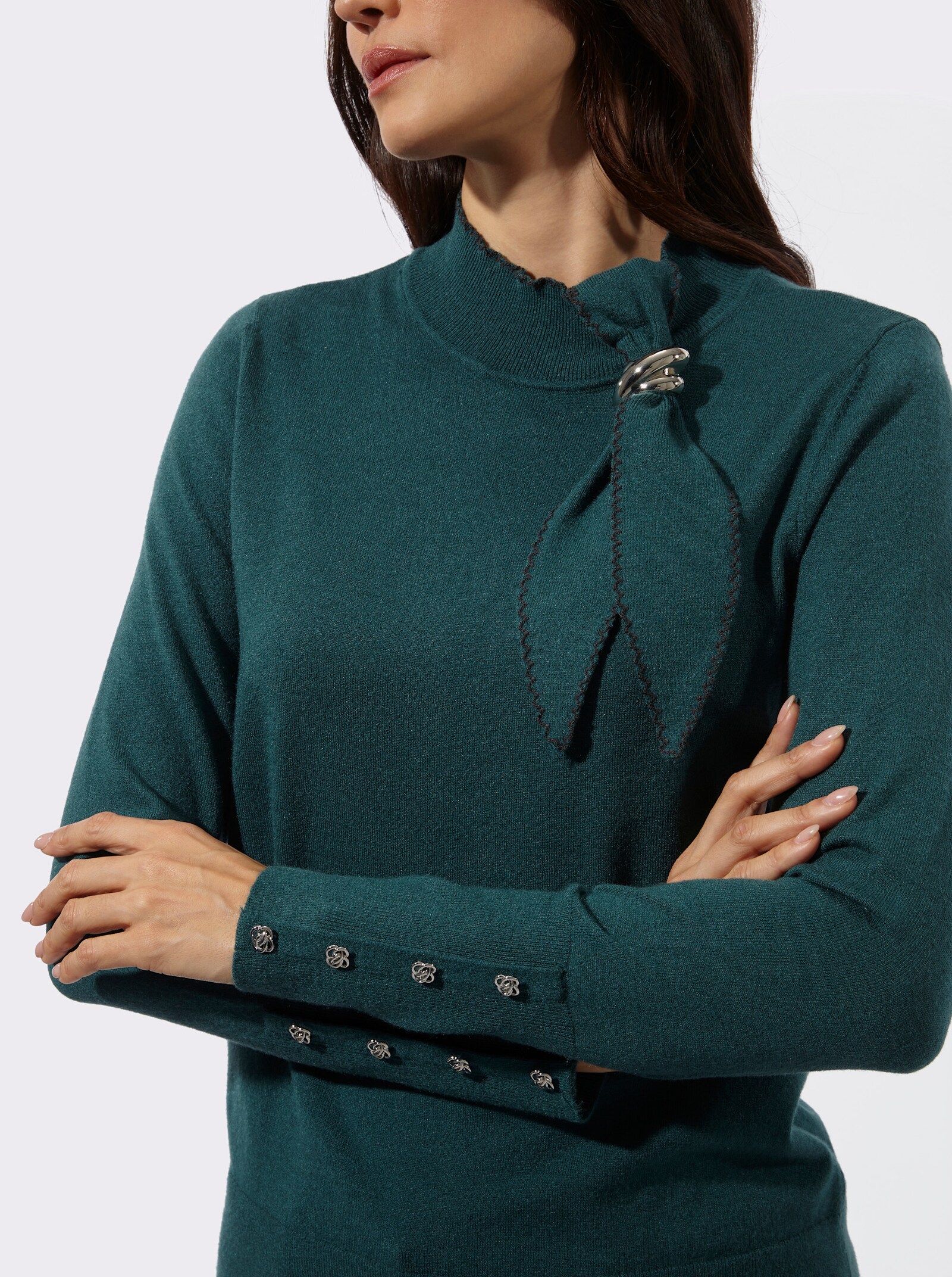 Stehkragenpullover mit modischer Schluppe - petrol