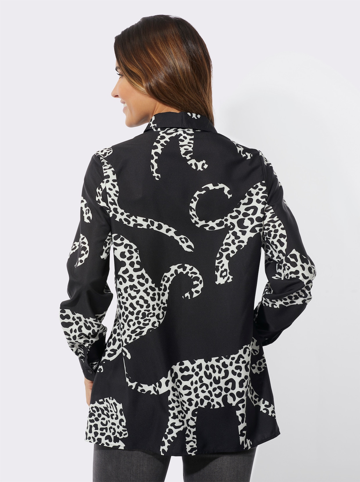 Longbluse - schwarz-ecru-bedruckt