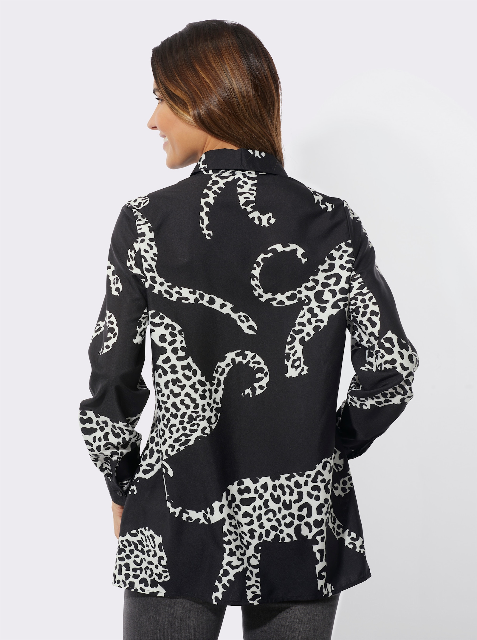 Dlouhá halenka se zvířecím motivem - černá-ecru-potisk