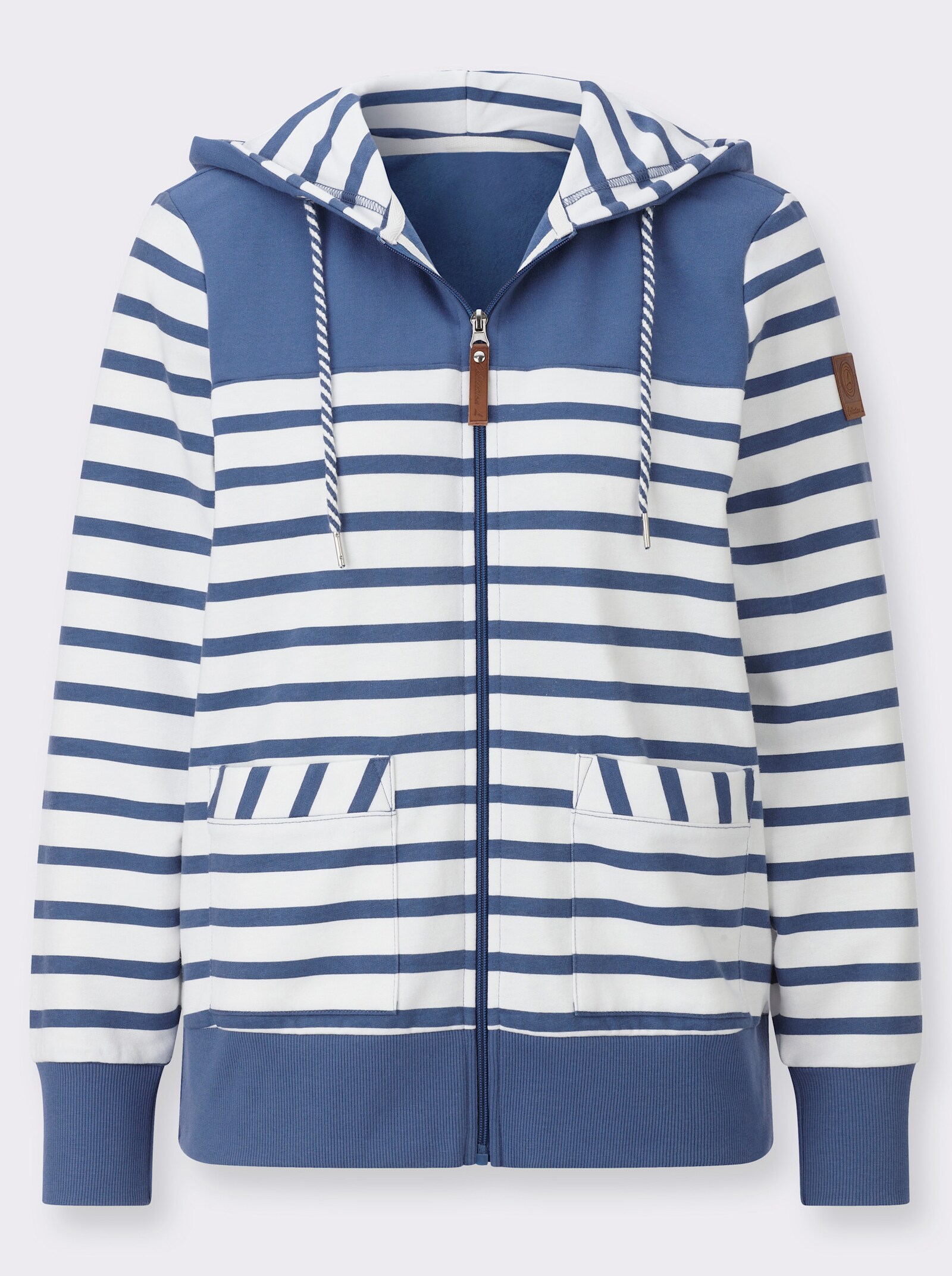 Shirtjacke mit schrägen Vordertaschen - jeansblau-ecru-geringelt