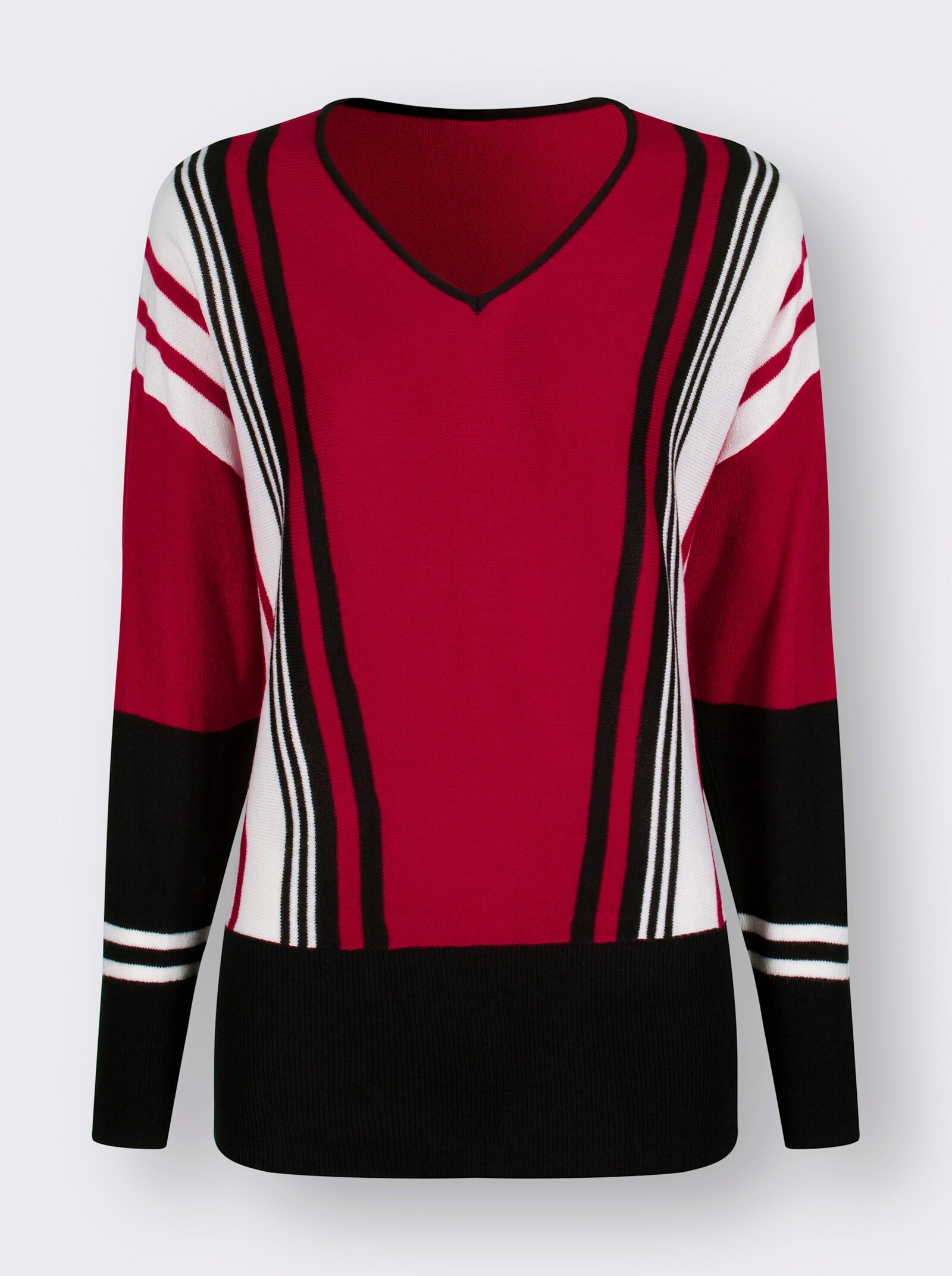 V-Ausschnitt-Pullover mit überschnittenen Schultern - rot-schwarz-gestreift