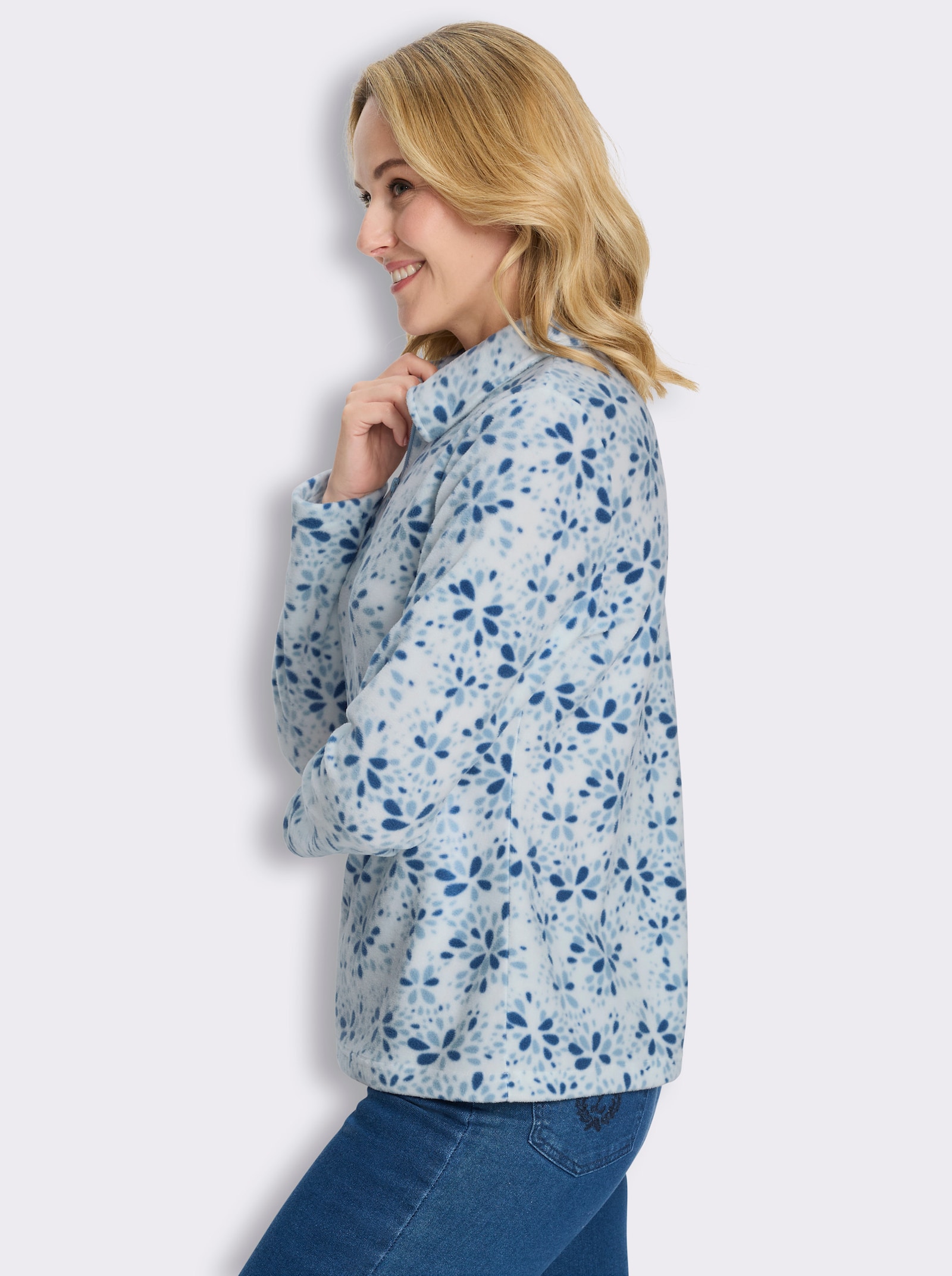 Fleeceshirt mit Hemdkragen - ecru-hellblau-bedruckt