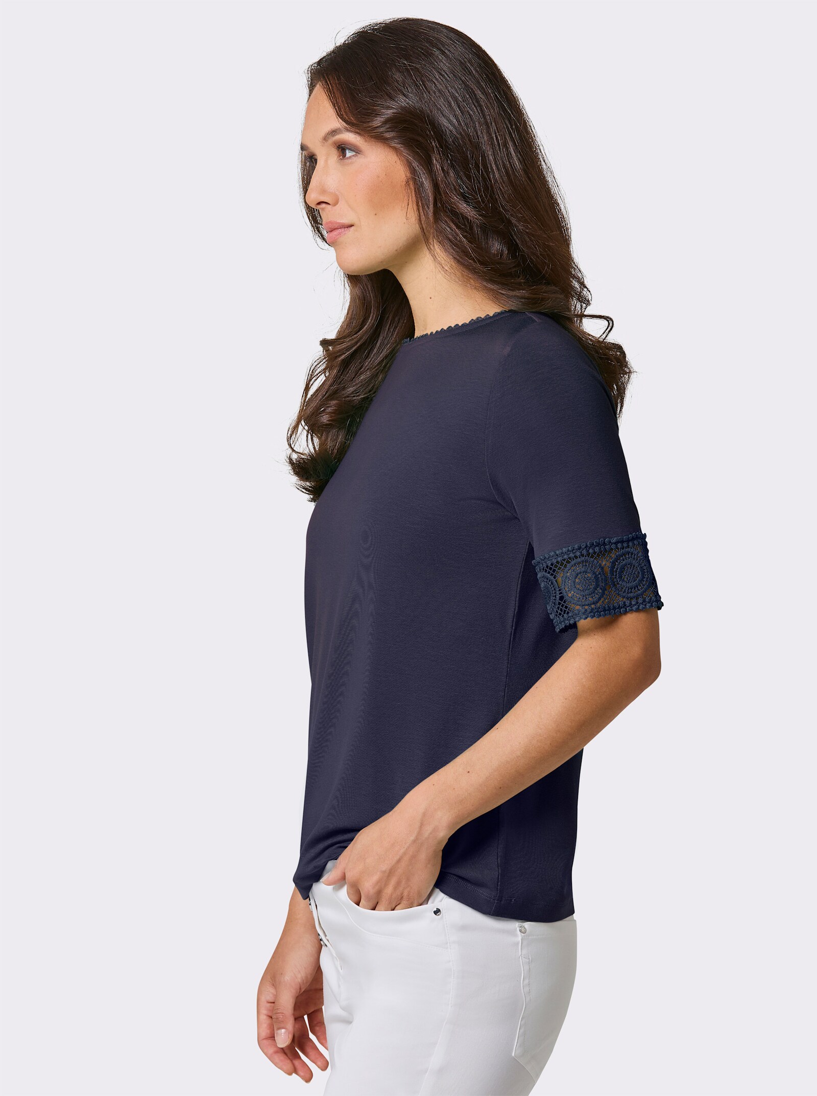 CREATION L PREMIUM Kurzarmshirt mit Spitze - marine