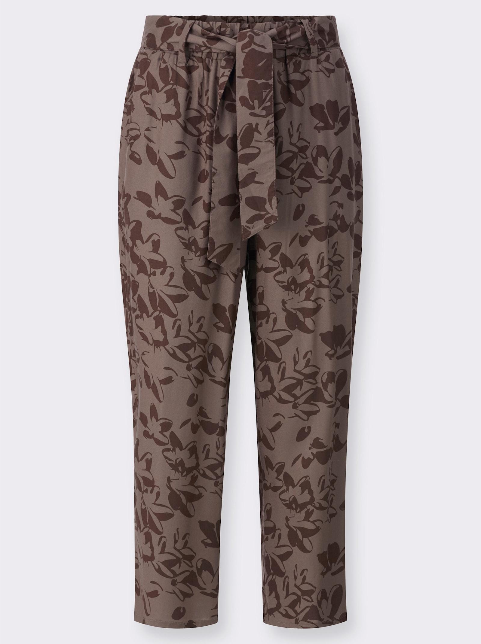 7/8 kalhoty s potištěným páskem na zavázání - tmavá taupe-čokoládová-potisk