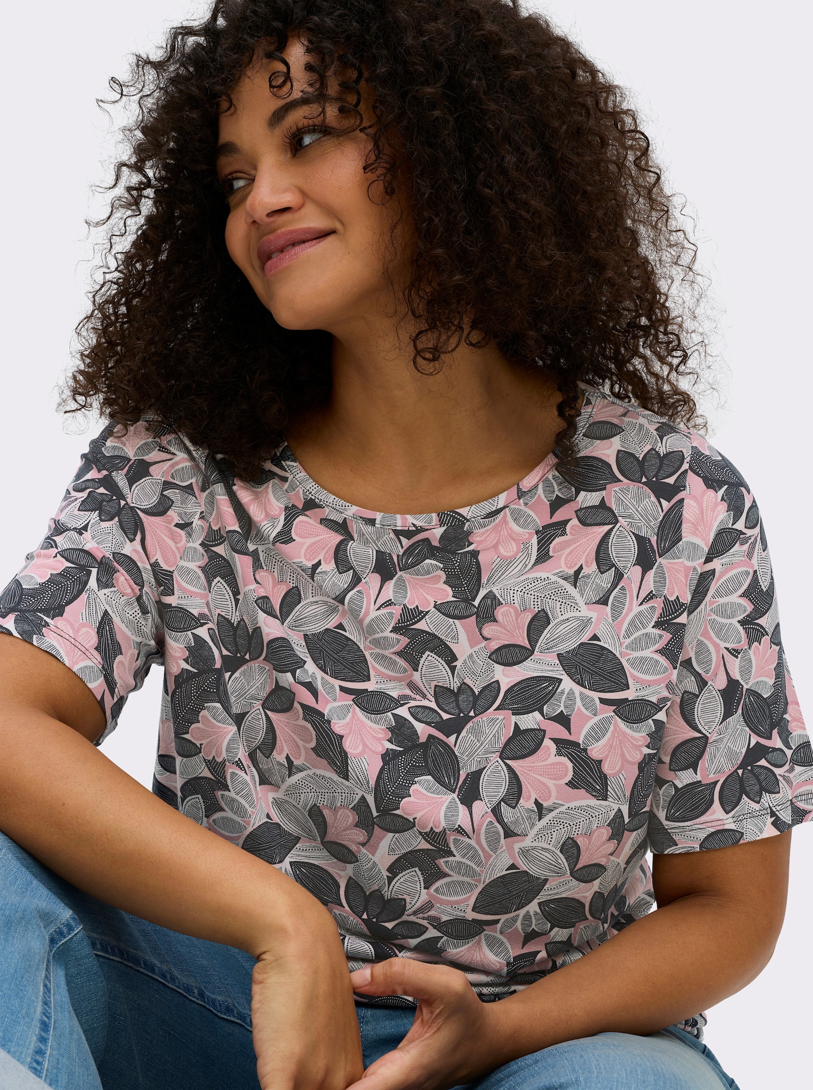 Print-Shirt mit paspeliertem U-Boot-Ausschnitt - hortensie-hellrosé-bedruckt